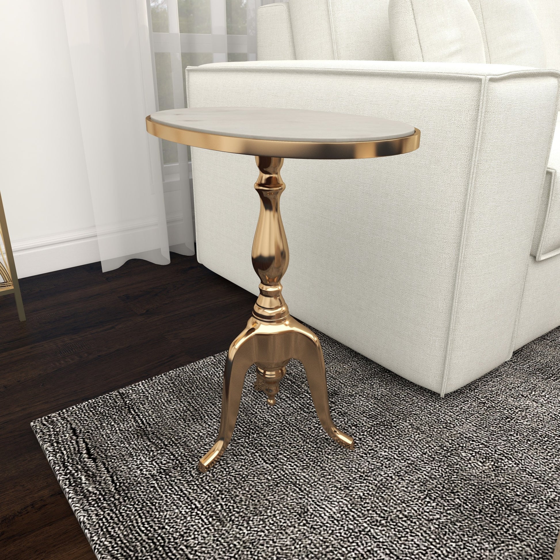 Gold Aluminum Metal Turned Oval Side End Accent Table with White Marble Top and Scroll Legs
