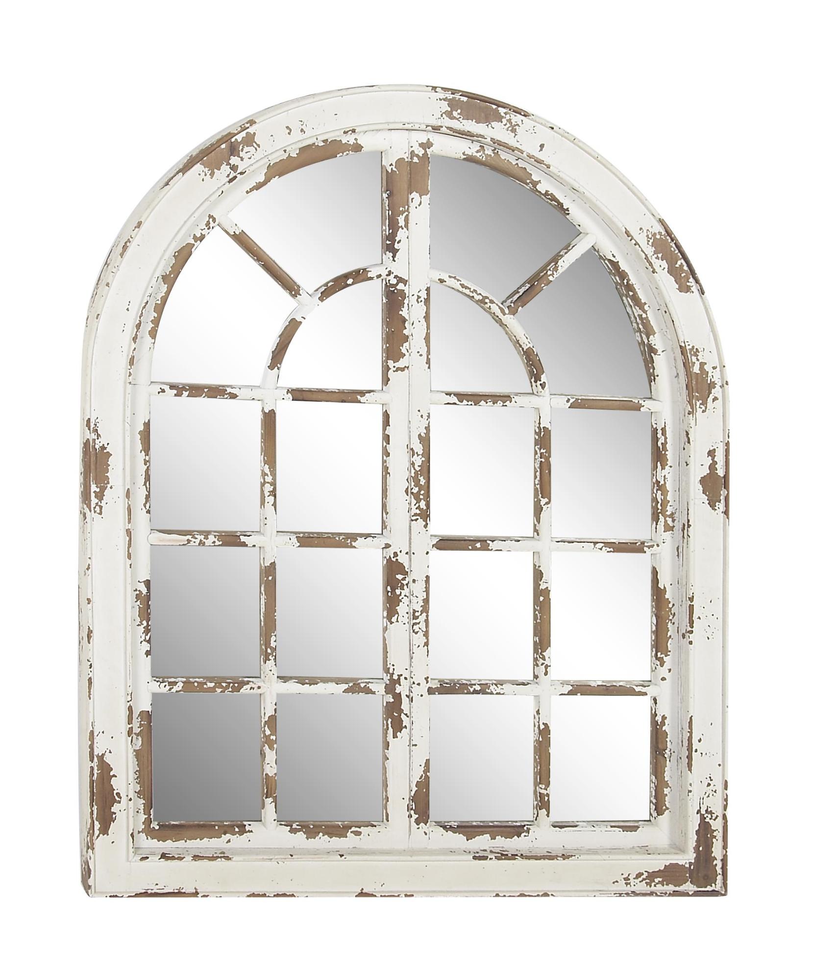 Wood Window Pane Inspired Room Wall Mirror with Arched Top and Distressing