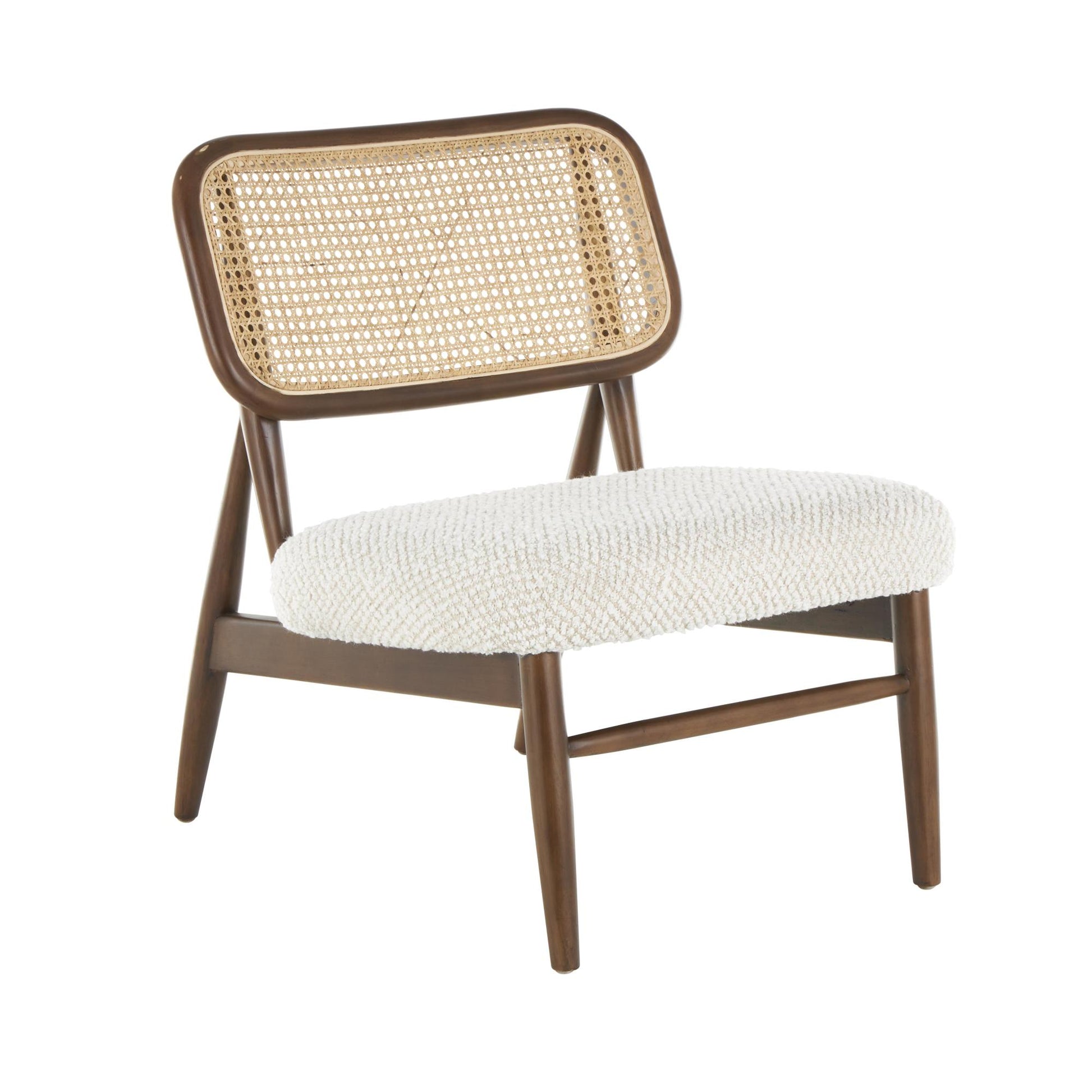Dark Brown Wood Living Room Accent Chair with Cream Boucle Upholstery and Tan Rattan Backrest