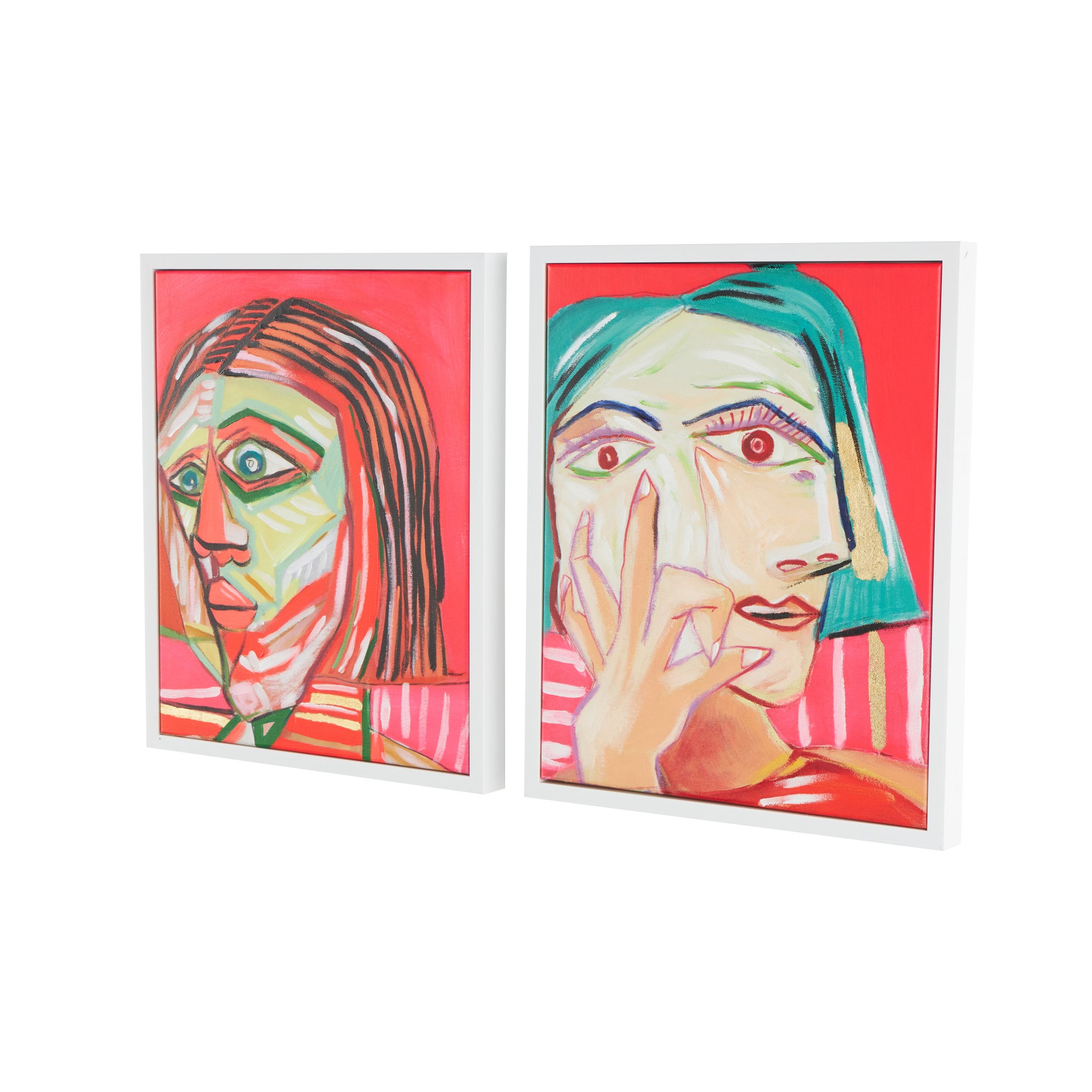 Set of 2 Face Pink Canvas Living Room Framed Wall Art with Teal and Black Accents