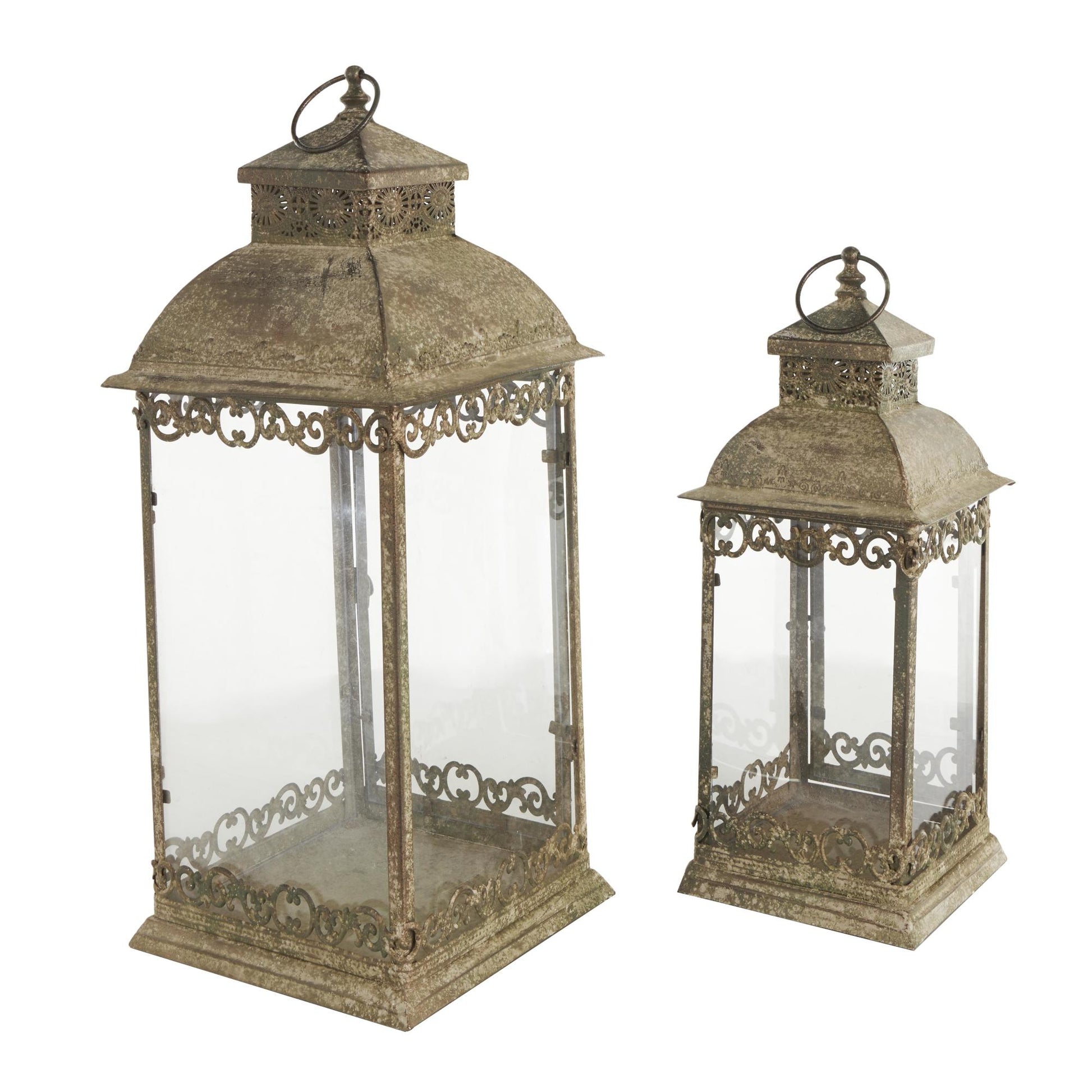 Set of 2 Scroll Brown Metal Distressed Vintage Inspired Indoor Outdoor Candle Lantern