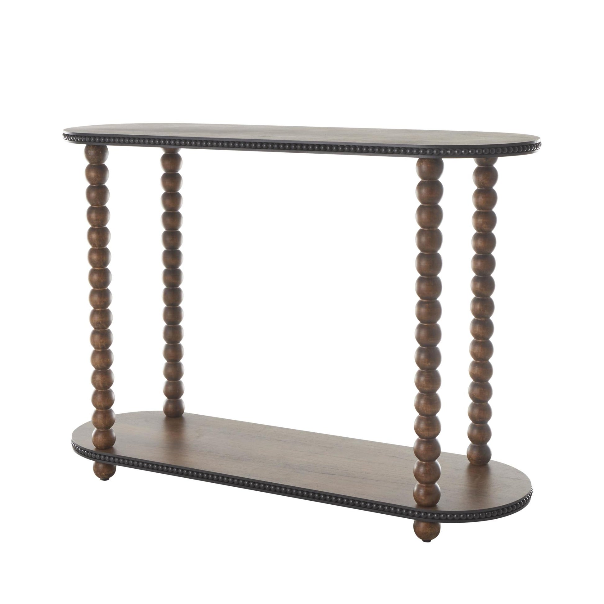 Brown Wood Oval Spindle Living Room Console Table with Beaded Edges