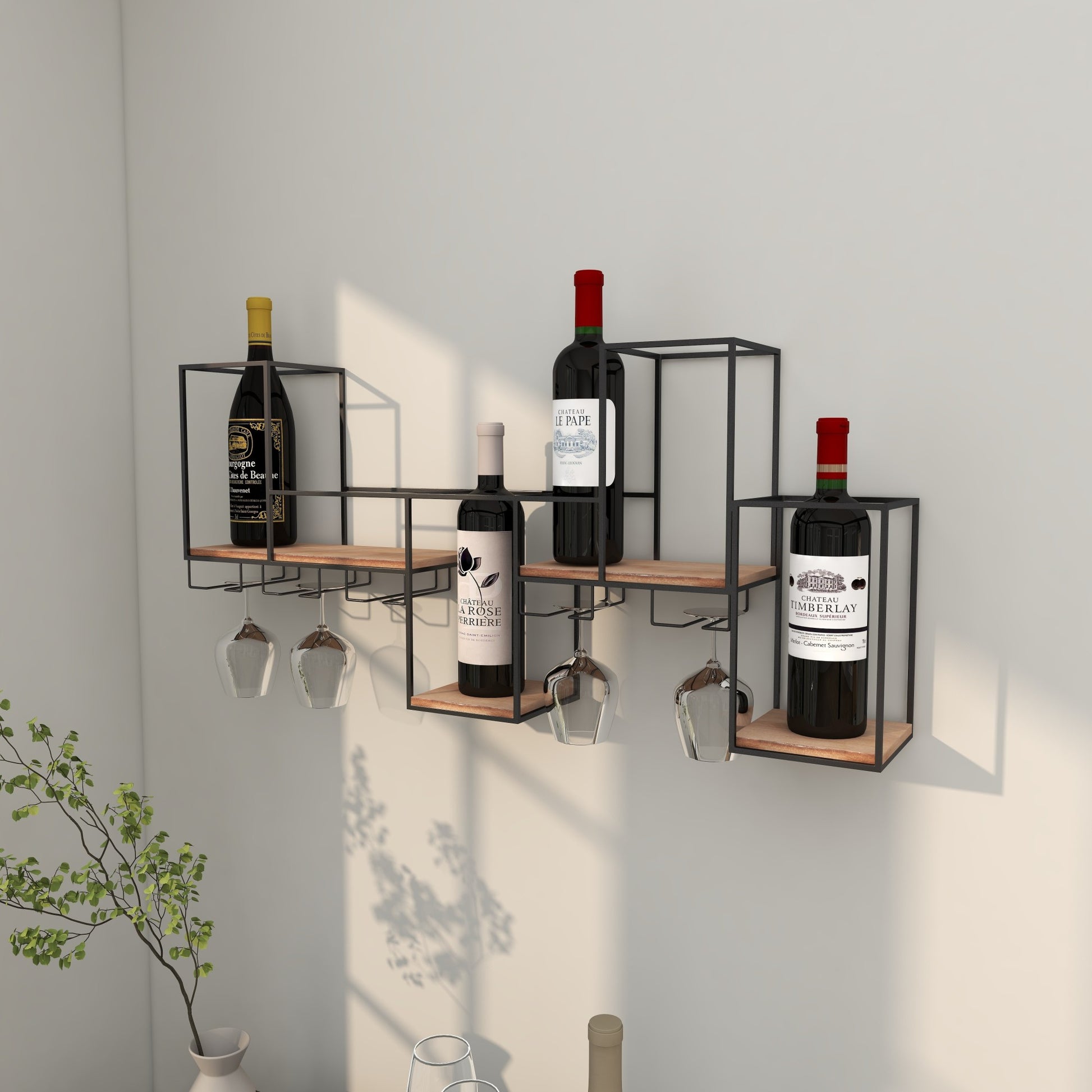 Geometric Black Metal 7 Bottle Display Wall Wine Rack with 5 Glass Holder Slots