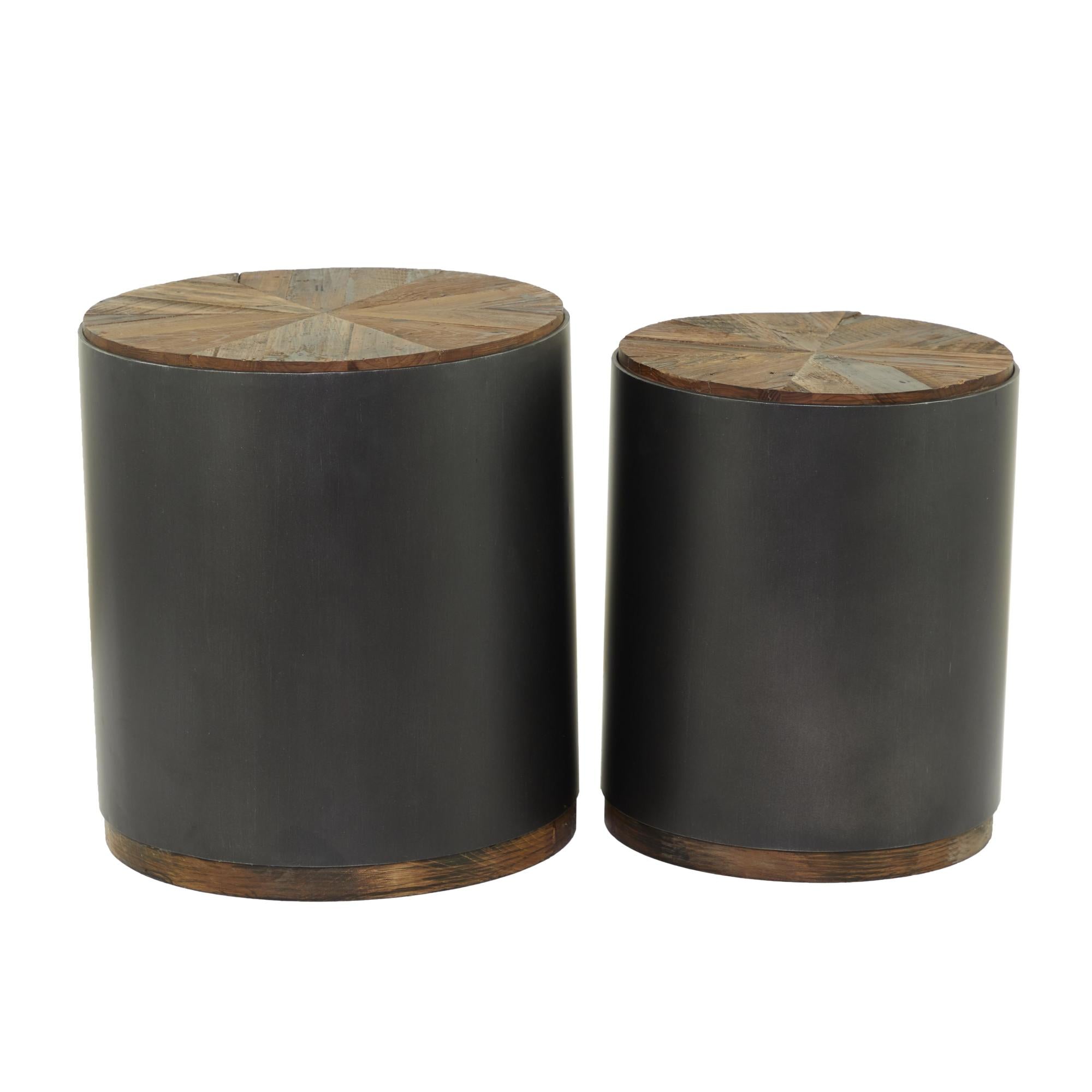 Set of 2 Drum Black Metal Side End Accent Table with Brown Wood Top