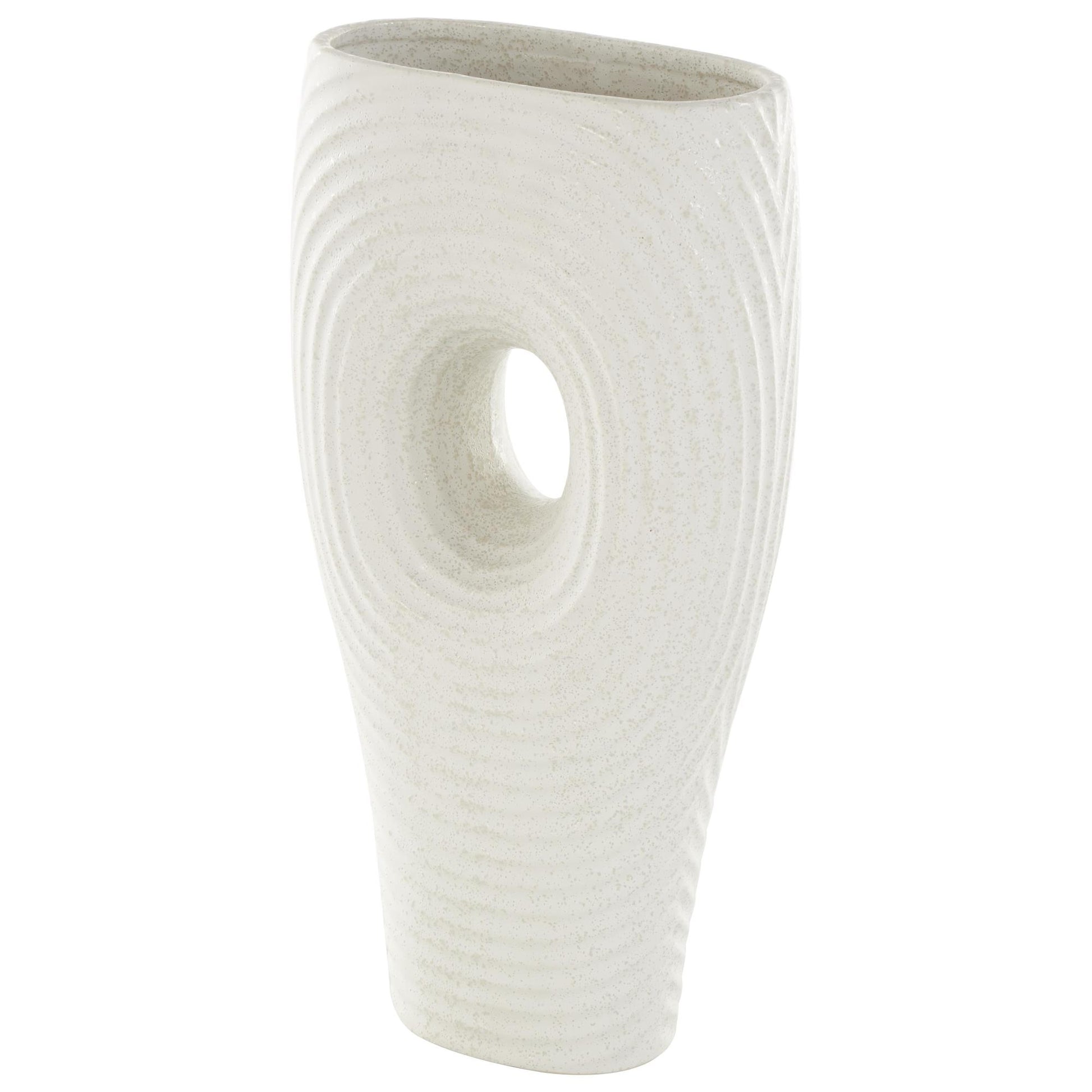 Abstract White Ceramic Ribbed Ring Cutout Decorative Vase with Glossy Speckled Texture