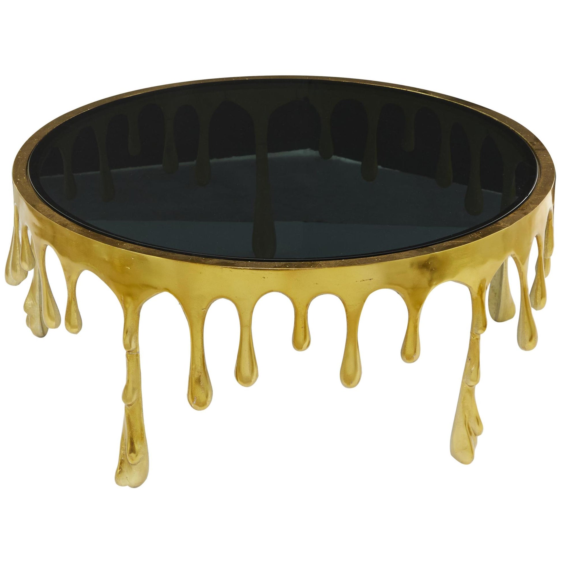 Abstract Aluminum Metal Drip Living Room Coffee Table with Melting Designed Legs and Shaded Glass Top