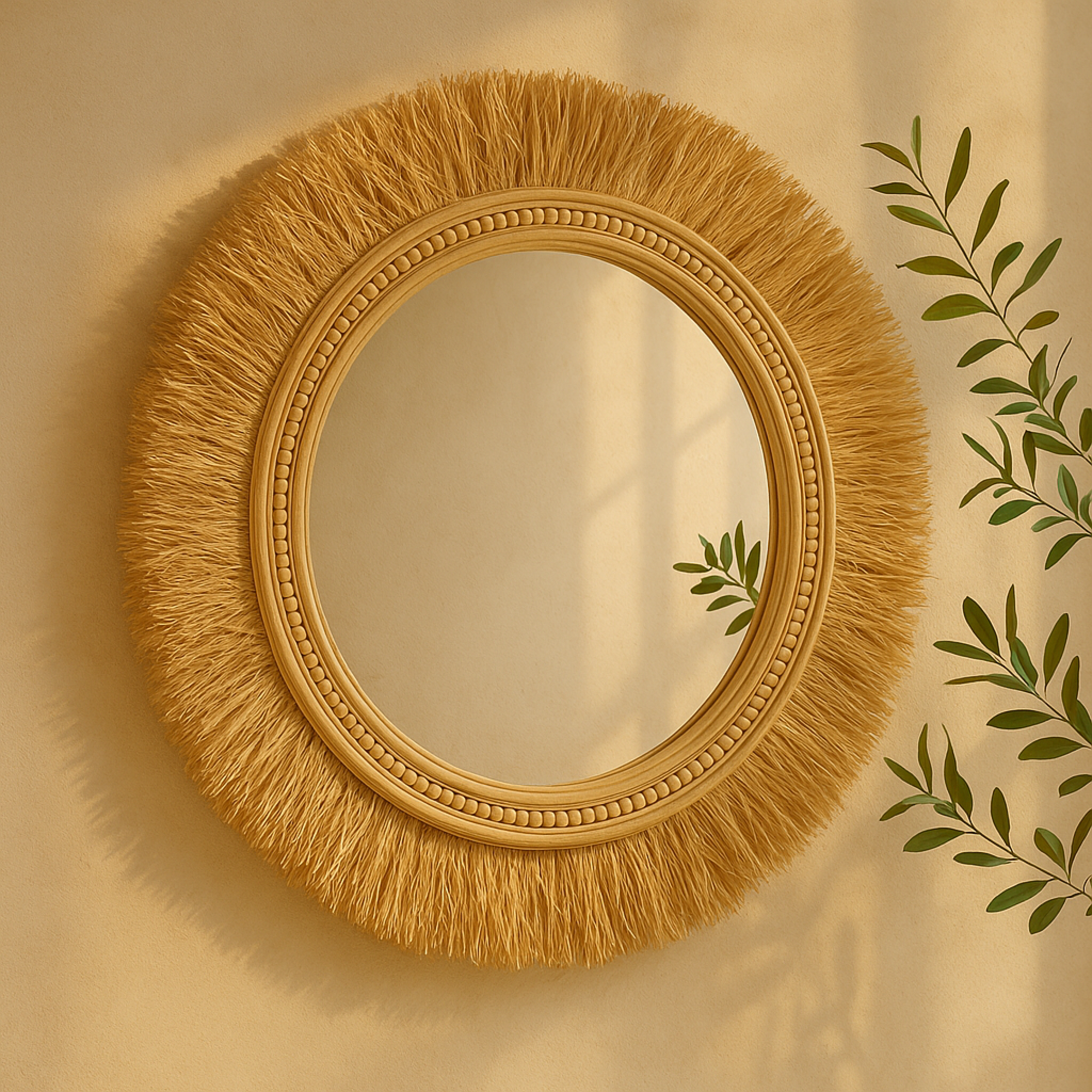 Tribal Light Brown Seagrass Room Wall Mirror with Fringe Detailing