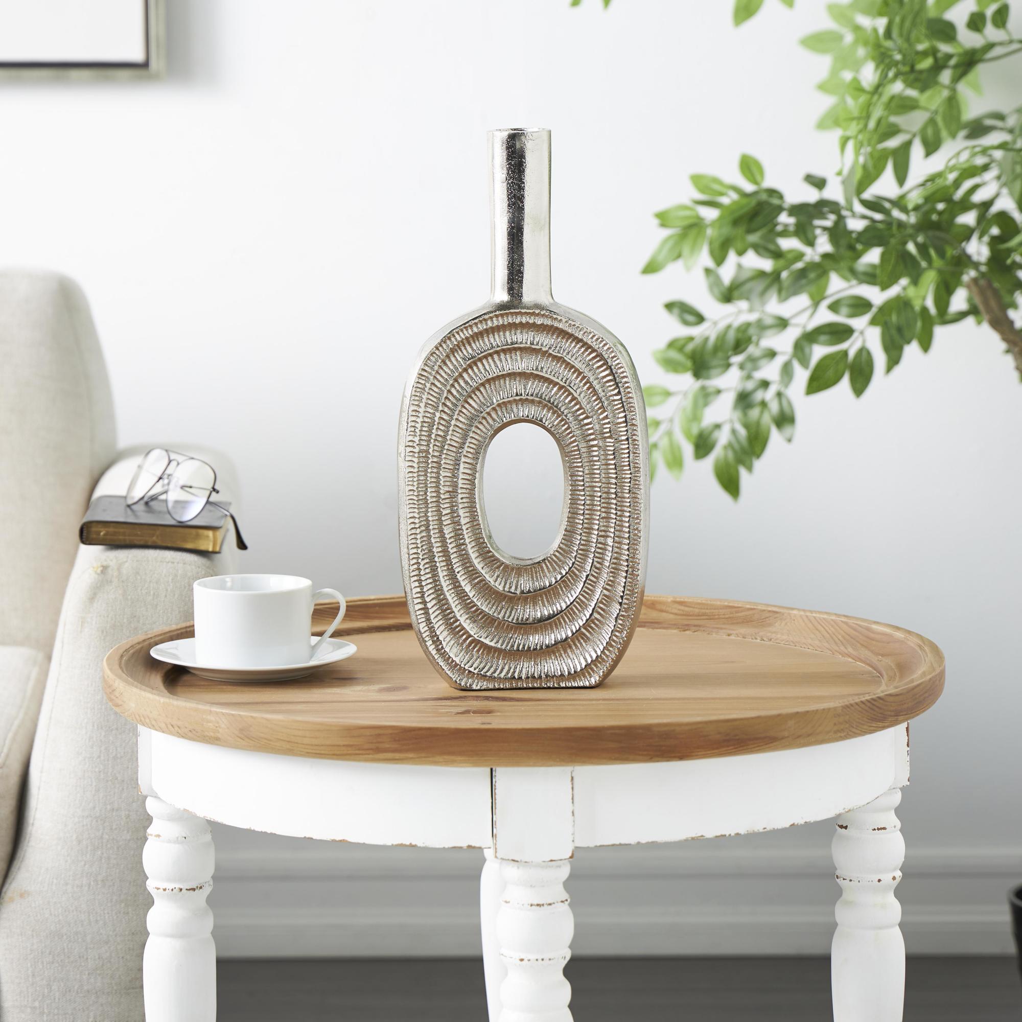Aluminum Metal Circular Decorative Vase with Linear Etchings 7" x 2" x 16"