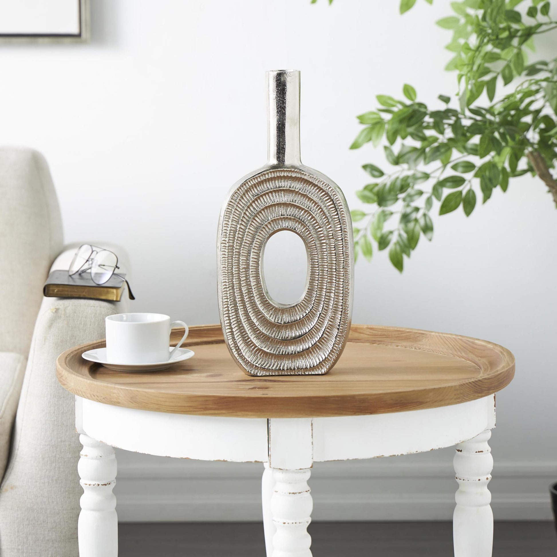 Aluminum Metal Circular Decorative Vase with Linear Etchings 7" x 2" x 16"