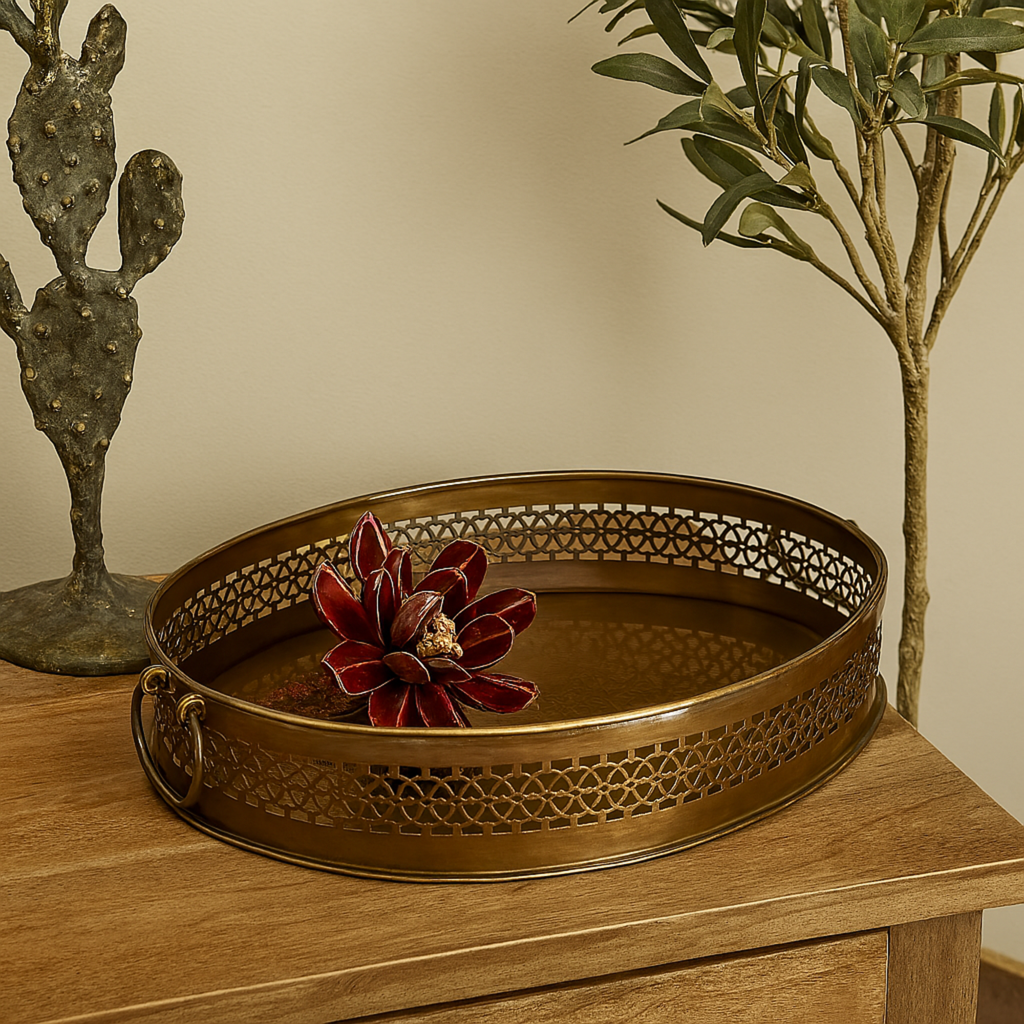 Set of 2 Floral Brown Metal Living Room Decor Tray