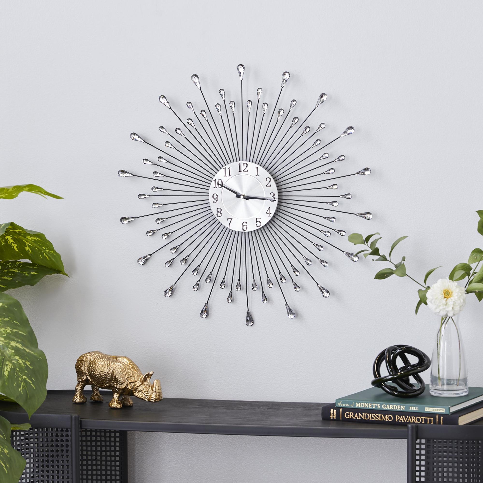 Starburst Silver Metal Decorative Wall Clock with Crystal Embellishment