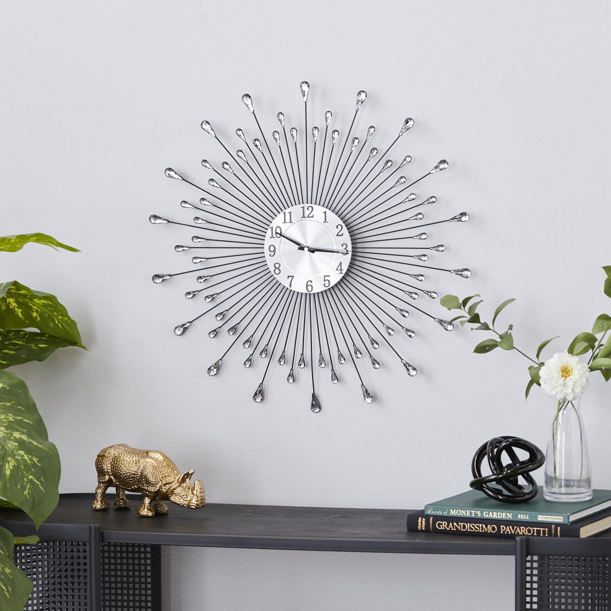 Starburst Silver Metal Decorative Wall Clock with Crystal Embellishment