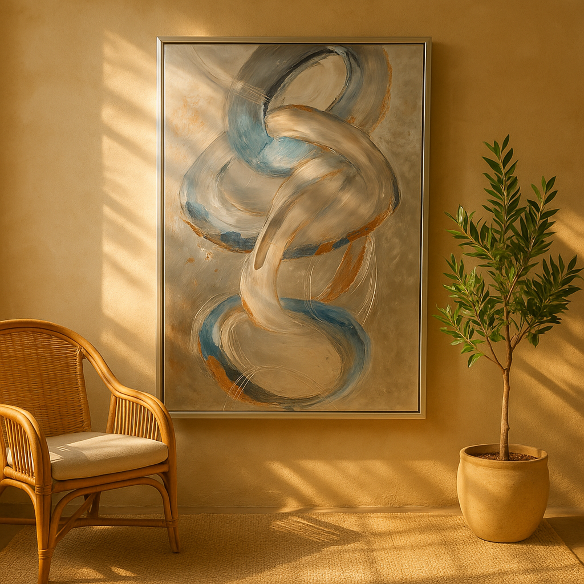 Abstract Gray Canvas Interlocked Rings Living Room Framed Wall Art with Gold and Blue Accents
