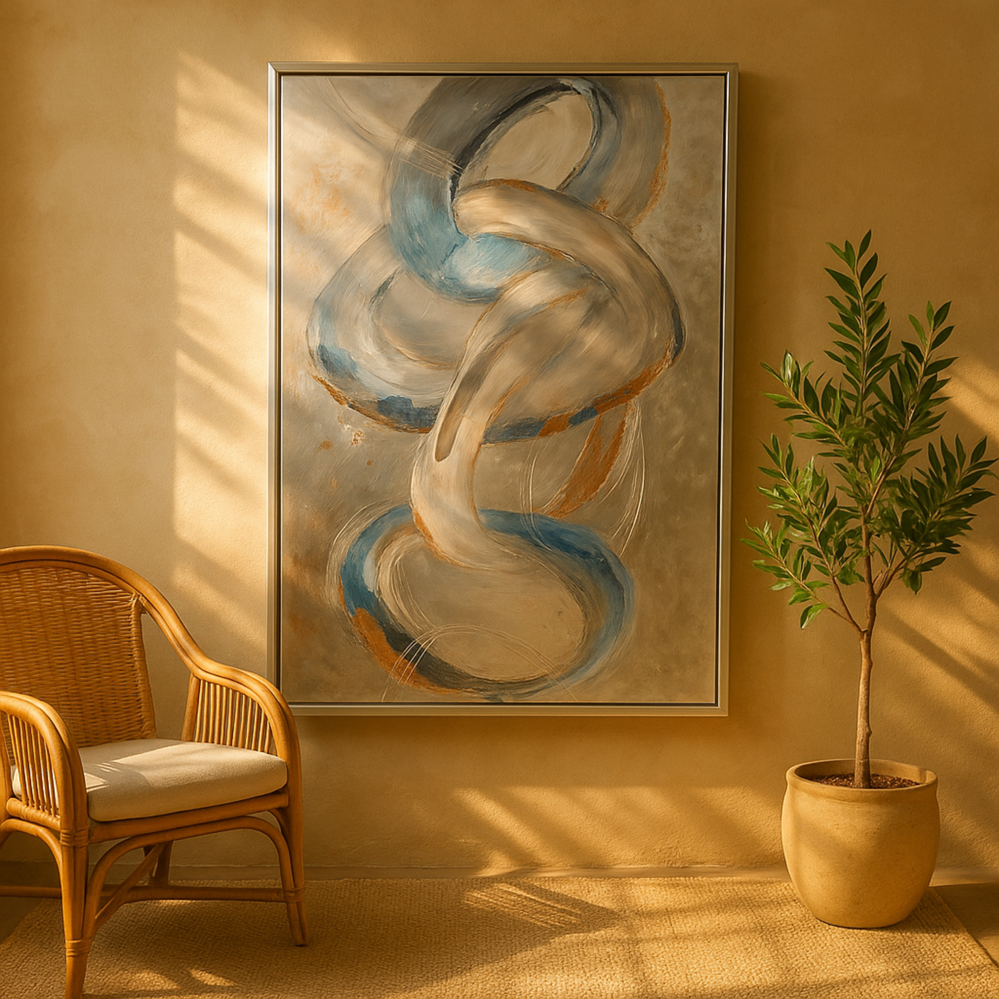 Abstract Gray Canvas Interlocked Rings Living Room Framed Wall Art with Gold and Blue Accents
