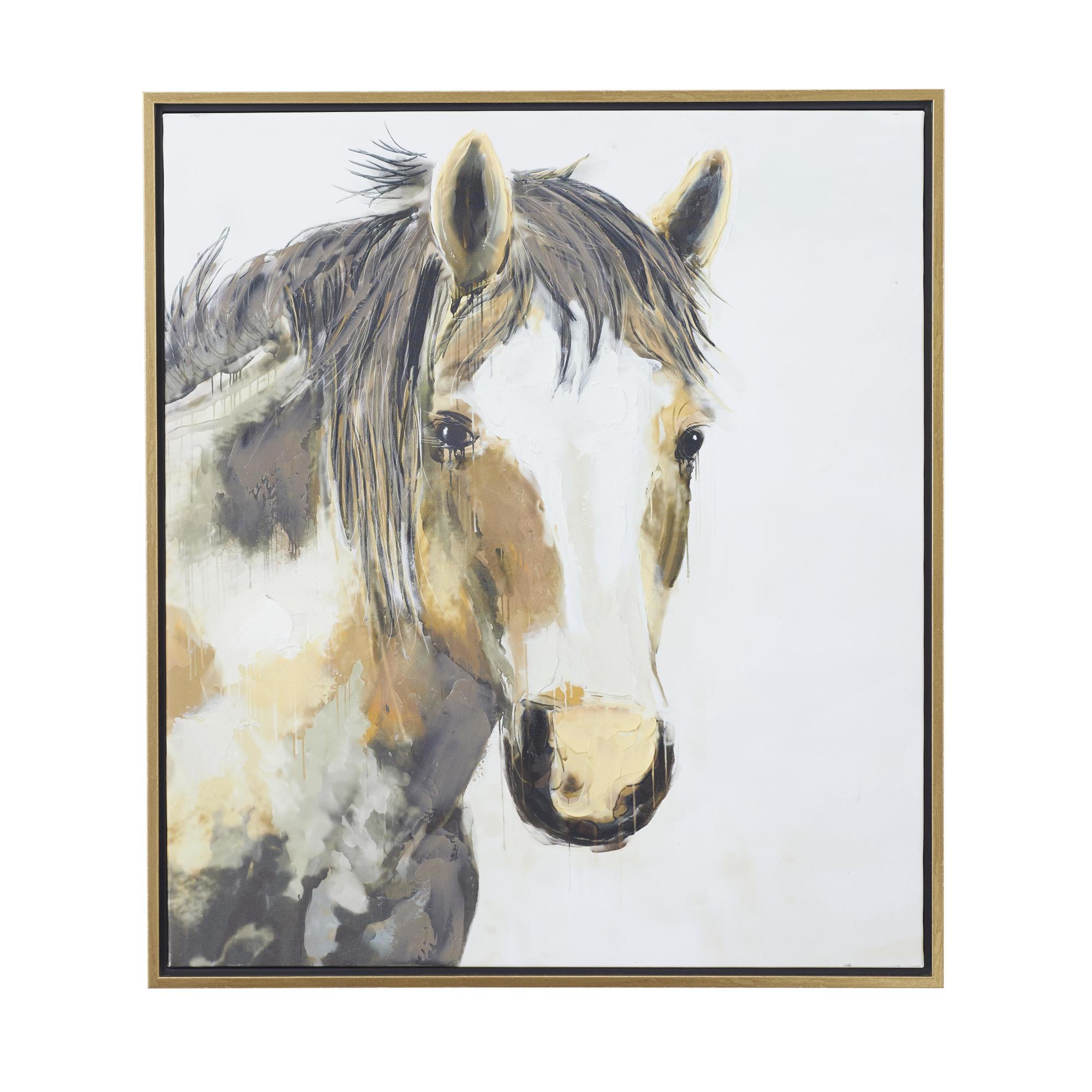 Horse Brown Canvas Living Room Framed Wall Art with Gold Frame