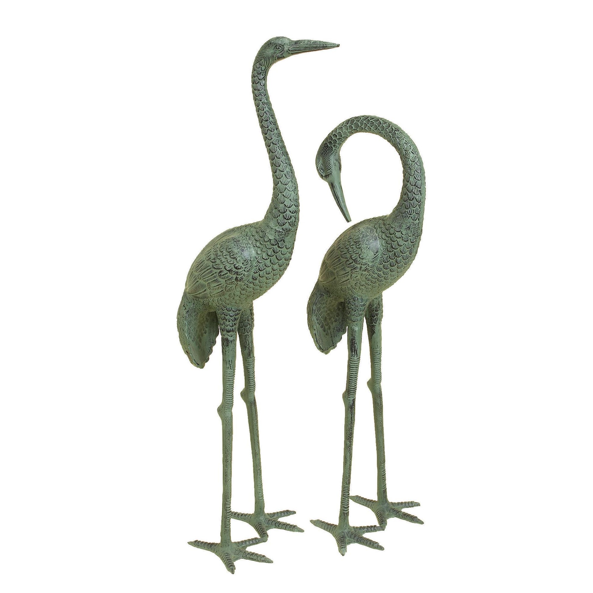 Set of 2 Crane Green Aluminum Metal Tall Indoor Outdoor Decorative Garden Sculpture