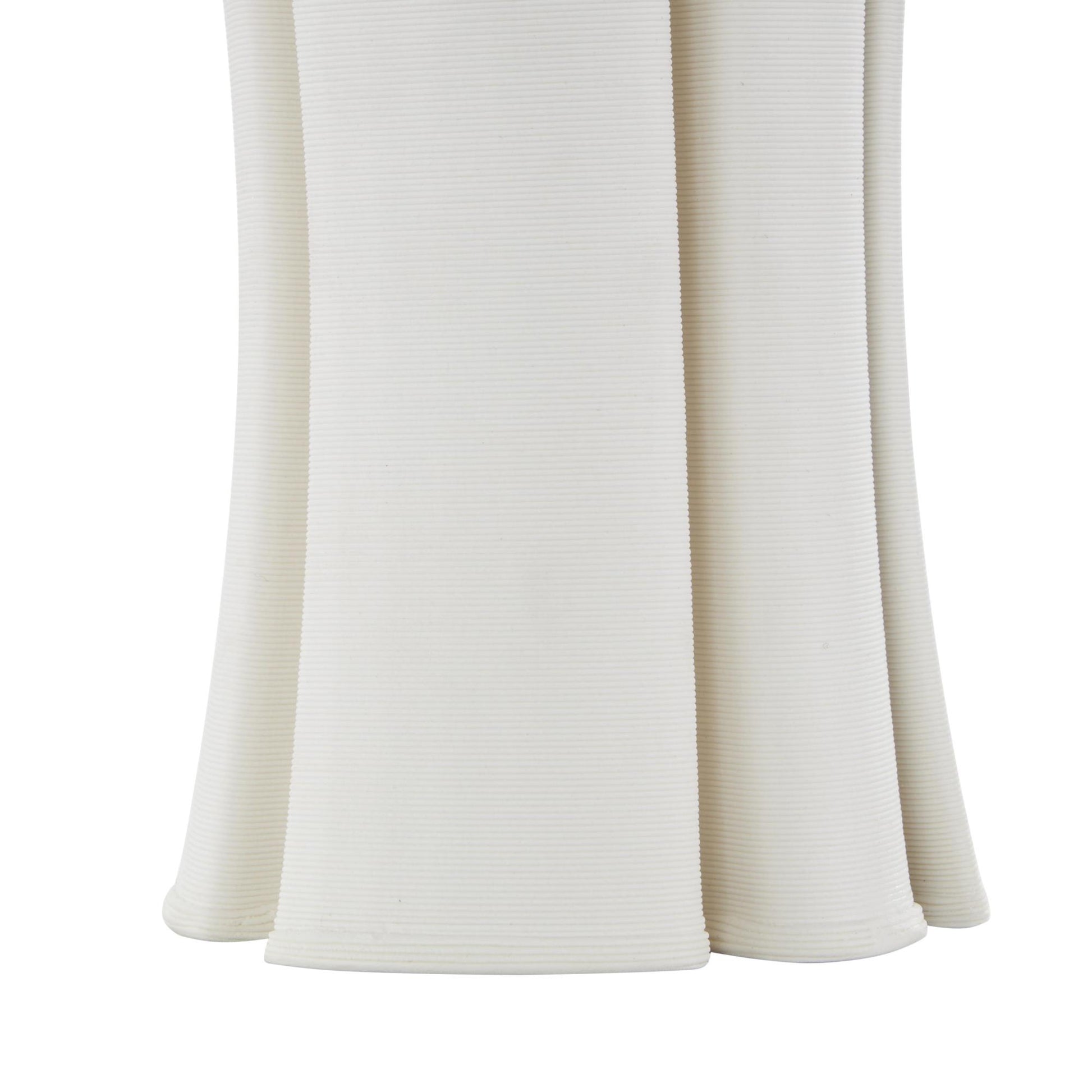 Abstract White Ceramic Ribbed Dimensional Folded Decorative Vase with Curvy Rim