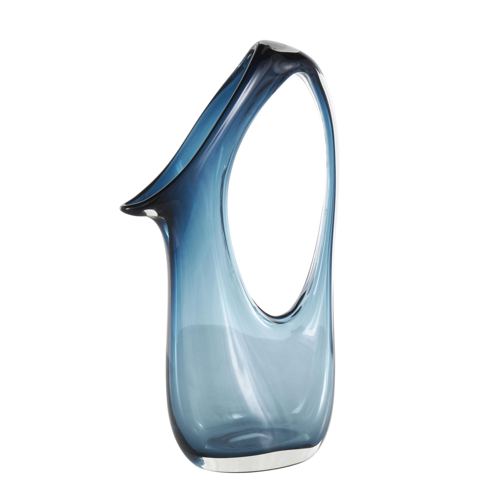 Abstract Blue Glass Ombre Decorative Vase with Cutout Handle and Elongated Opening
