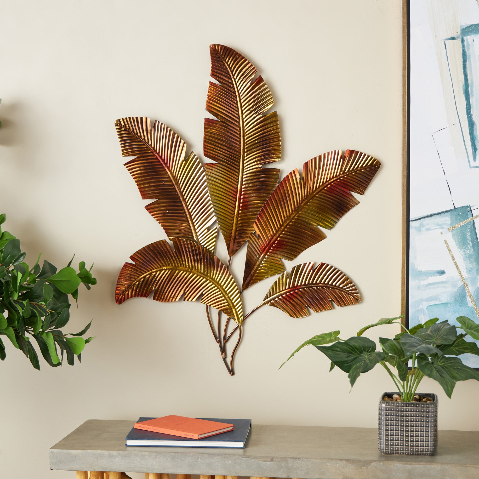 Palm Tree Copper Stainless Steel Metal Ombre Layered Leaf Home Wall Decor with Gold Accents