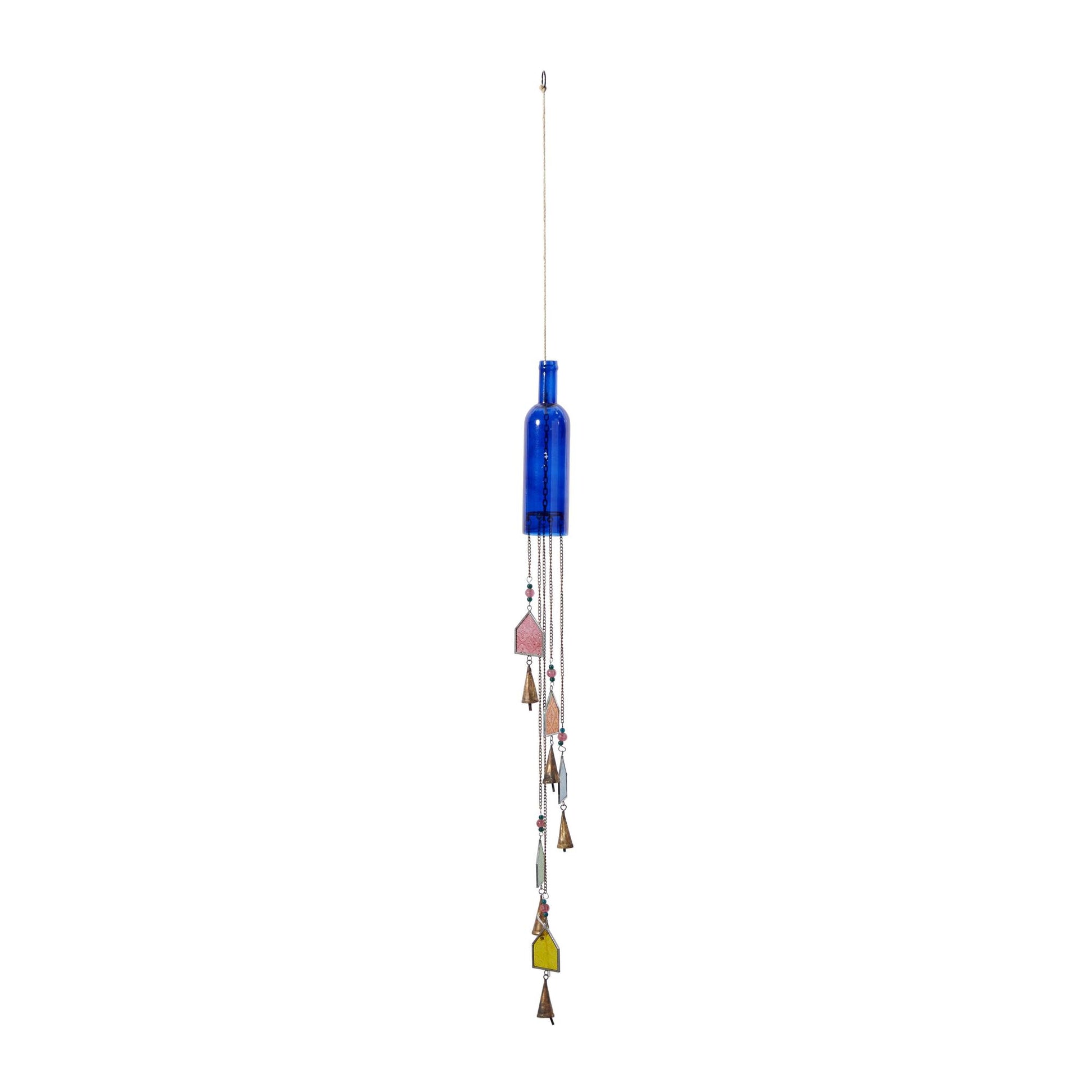 Blue Glass Handmade Bottle Indoor Outdoor Windchime with Beads and Cone Bells