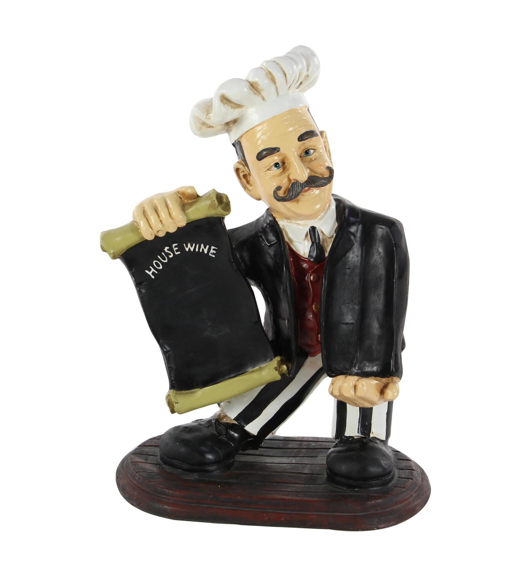 Chef Black Polystone Decorative Sculpture with Chalkboard and Wine Holder Slot