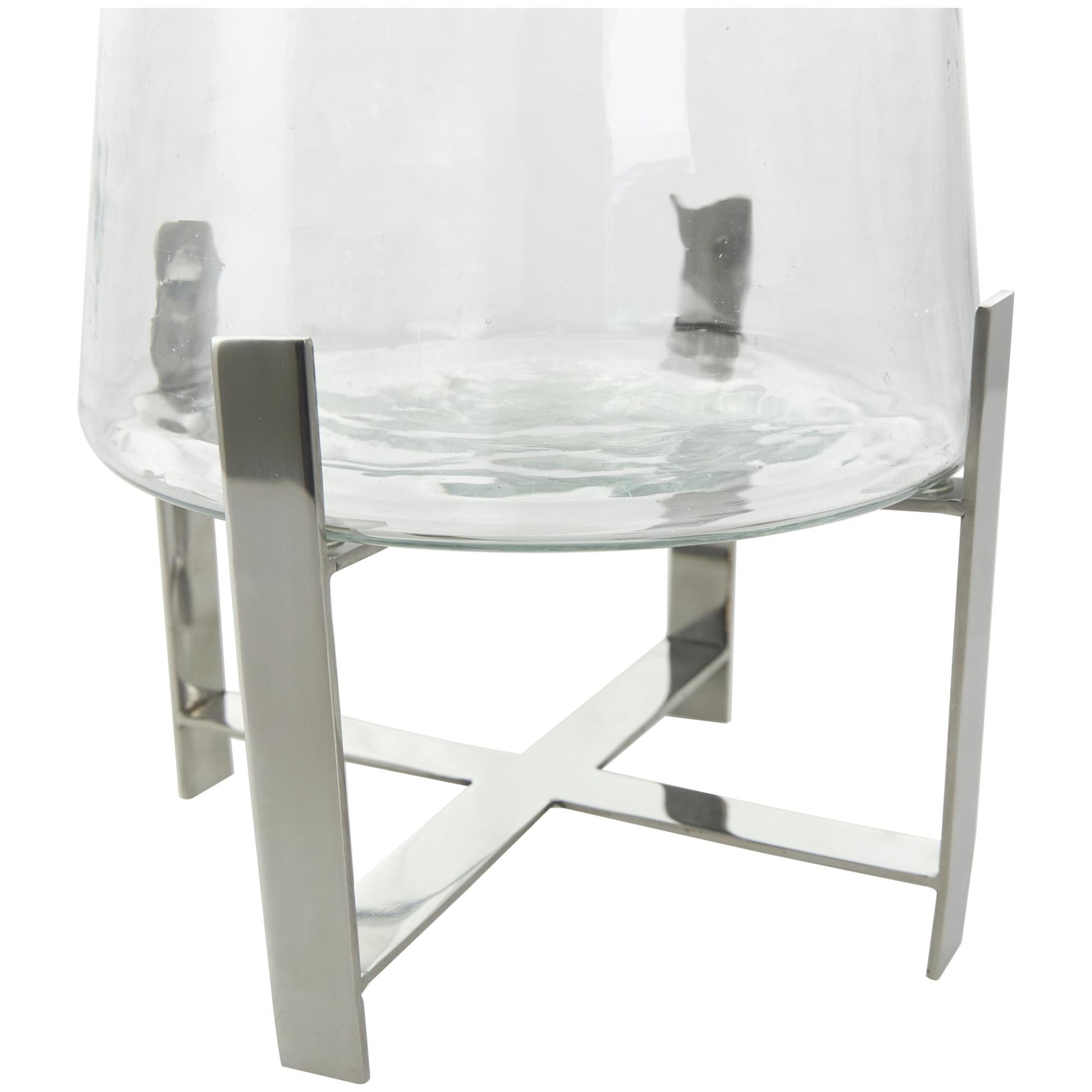 Clear Stainless Steel Metal Room Hurricane Lamp with Stainless Steel X Shaped Base