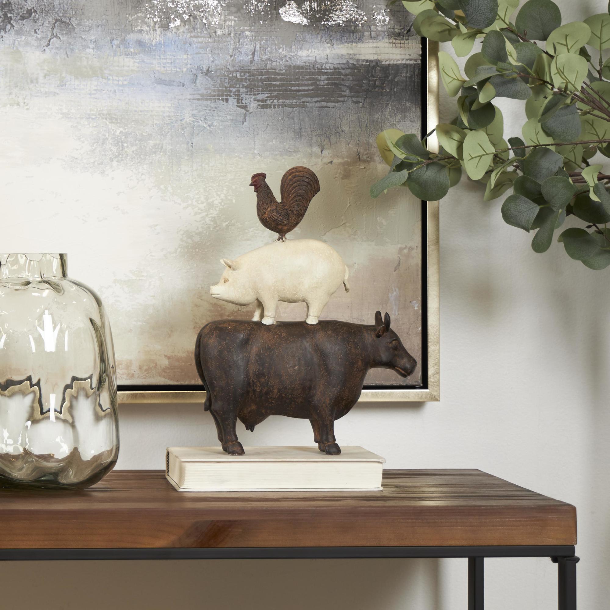 Farm Animals Brown Polystone Stacked Decorative Sculpture with Cream Accent