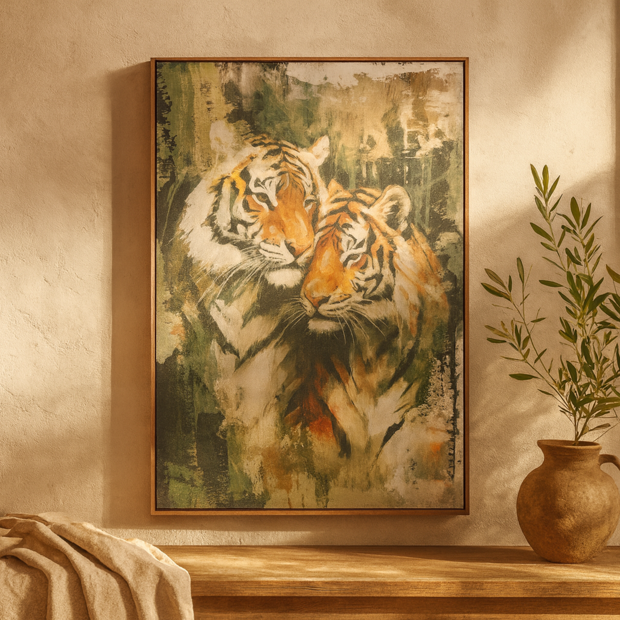 Tiger Multi Colored Canvas Shaded Living Room Framed Wall Art with Green Accents