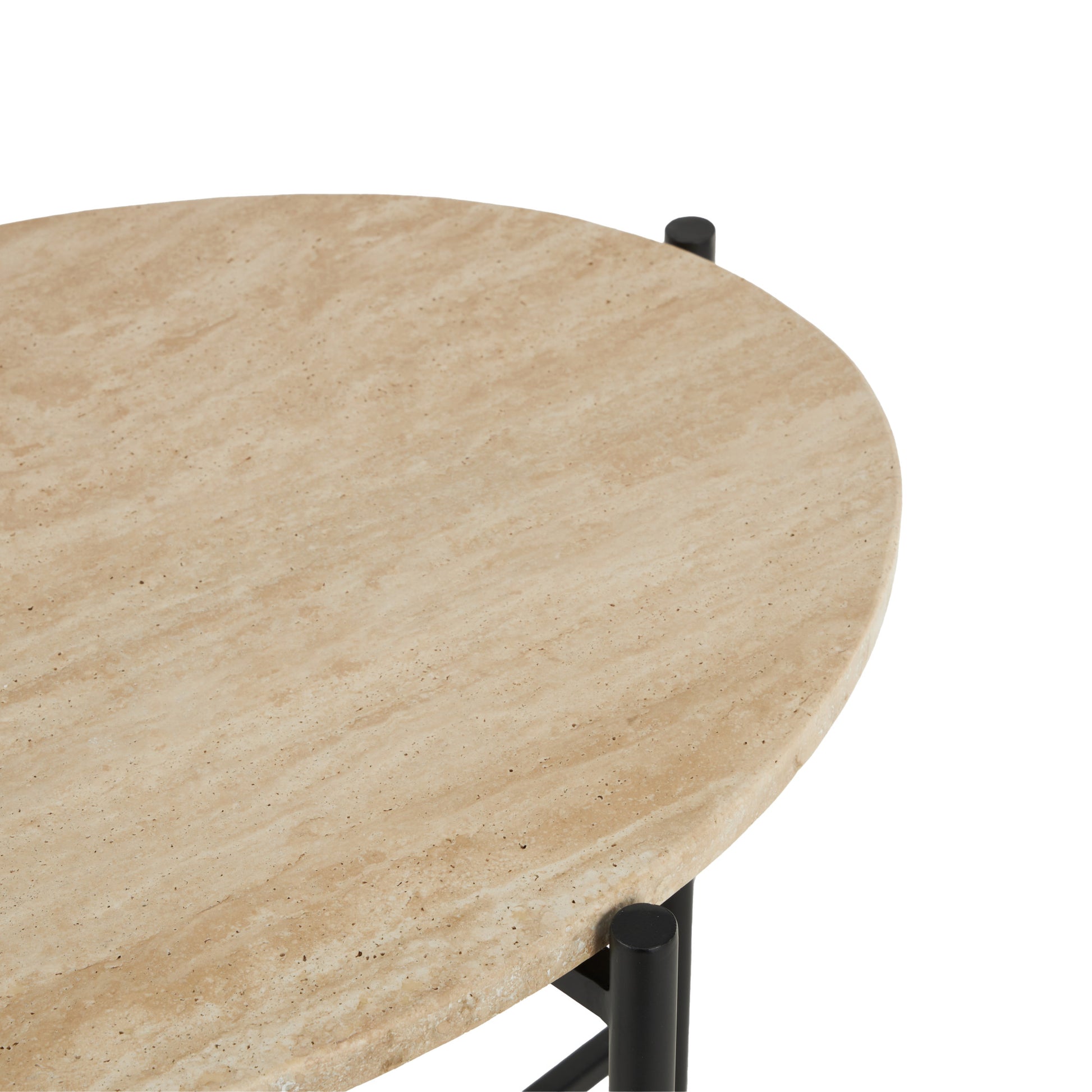 Beige Marble Round Side End Accent Table with Black Metal Support