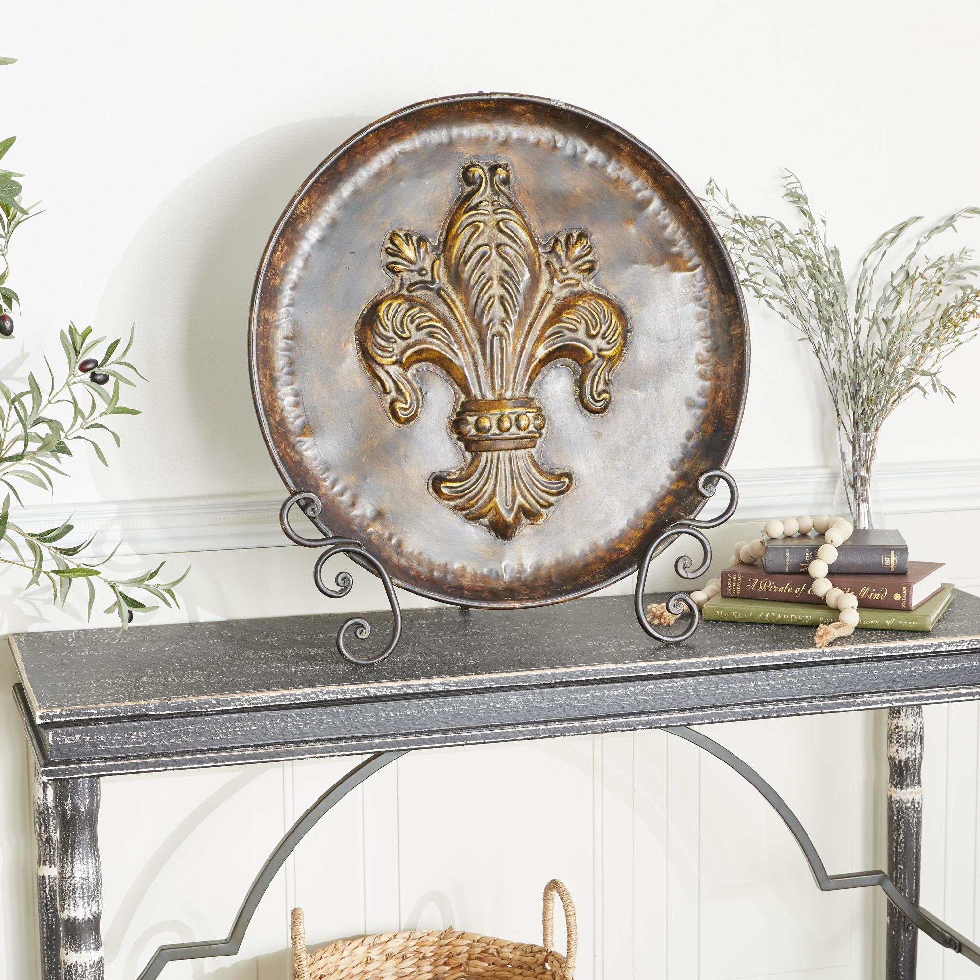 Fleur De Lis Brown Metal Embossed Detail Decorative Charger with Stand