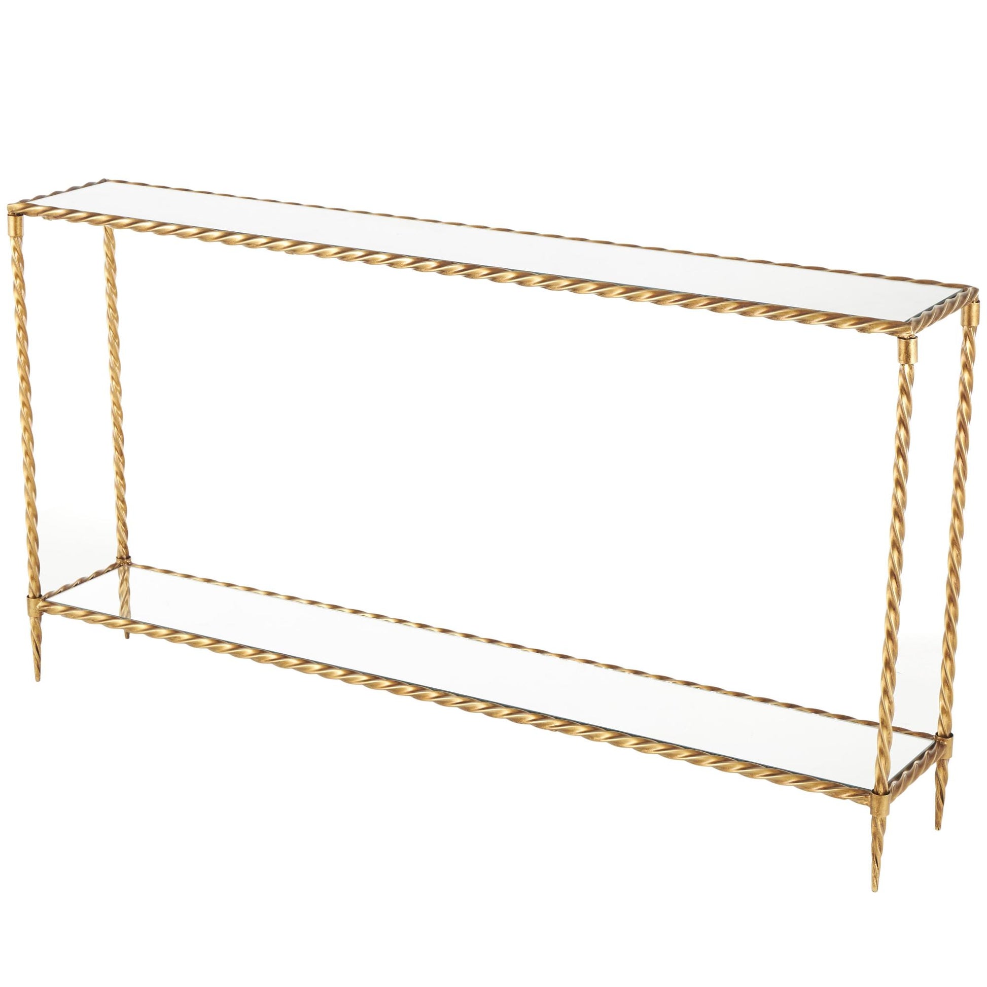 Gold Metal Twisted Rope Inspired Living Room Console Table with Mirrored Glass Top and Shelf