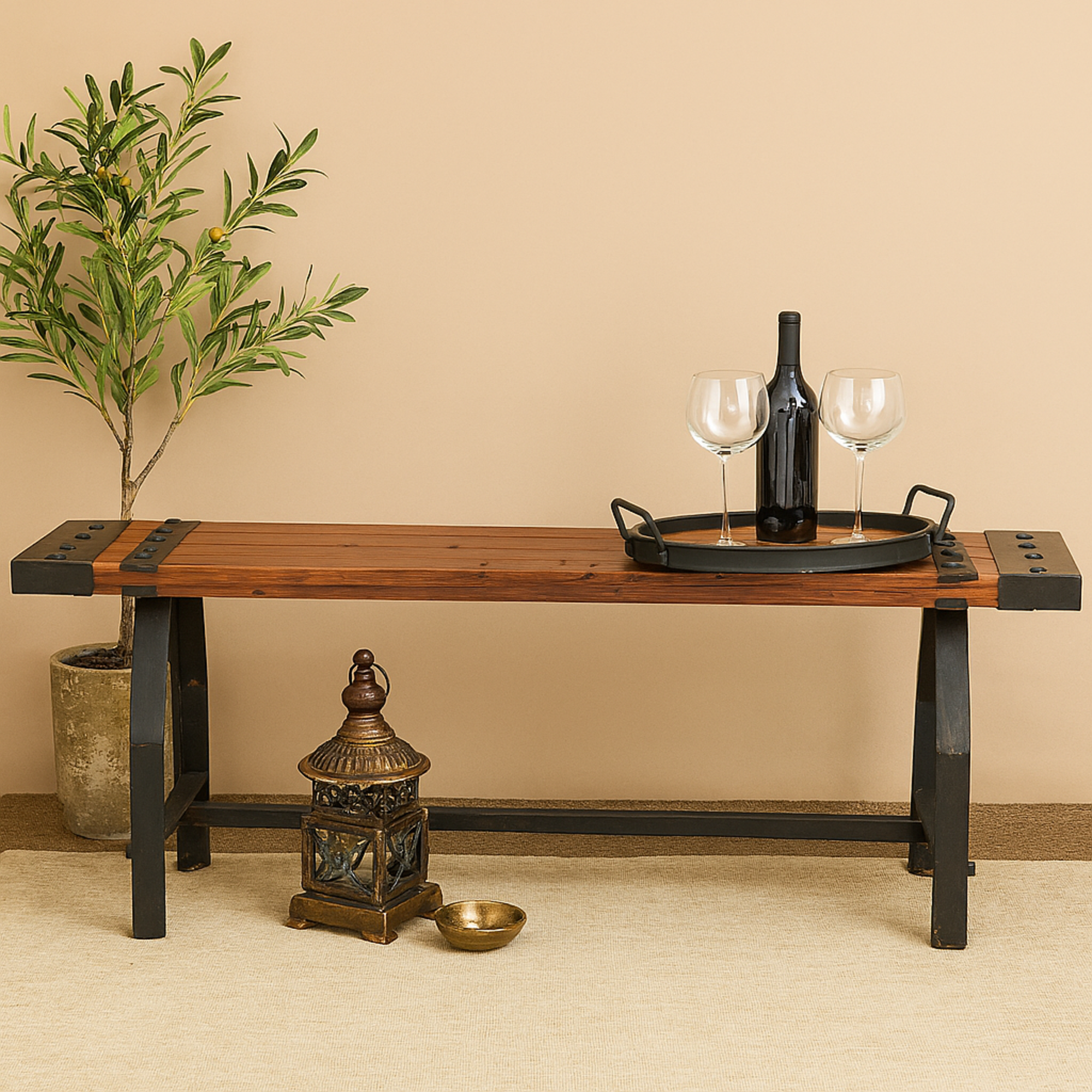 Brown Wood Slatted Home Bench with Black Metal Base and Studs