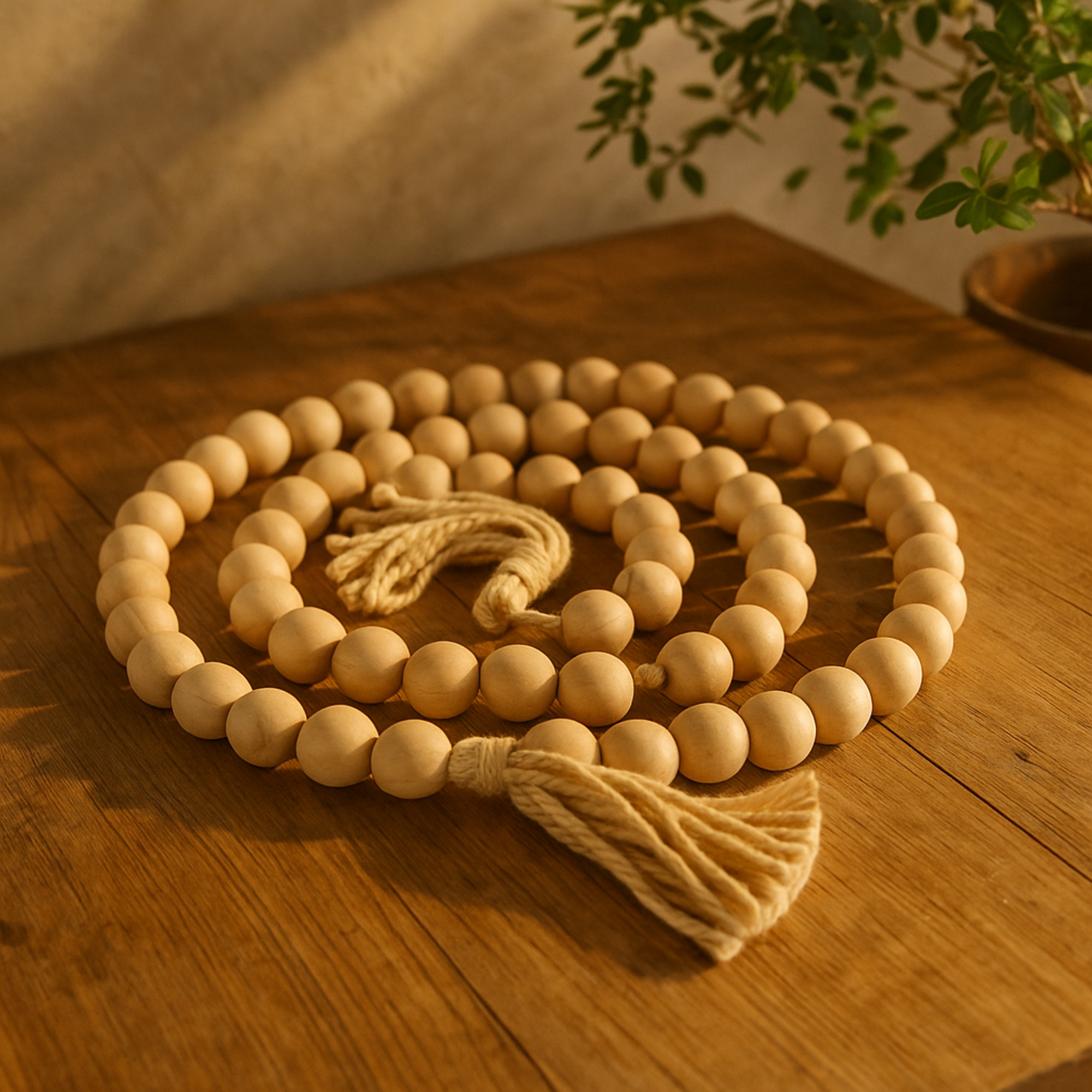 Mango Wood Handmade Round Long Carved Beaded Garland with Tassel 80" x 1" x 1"