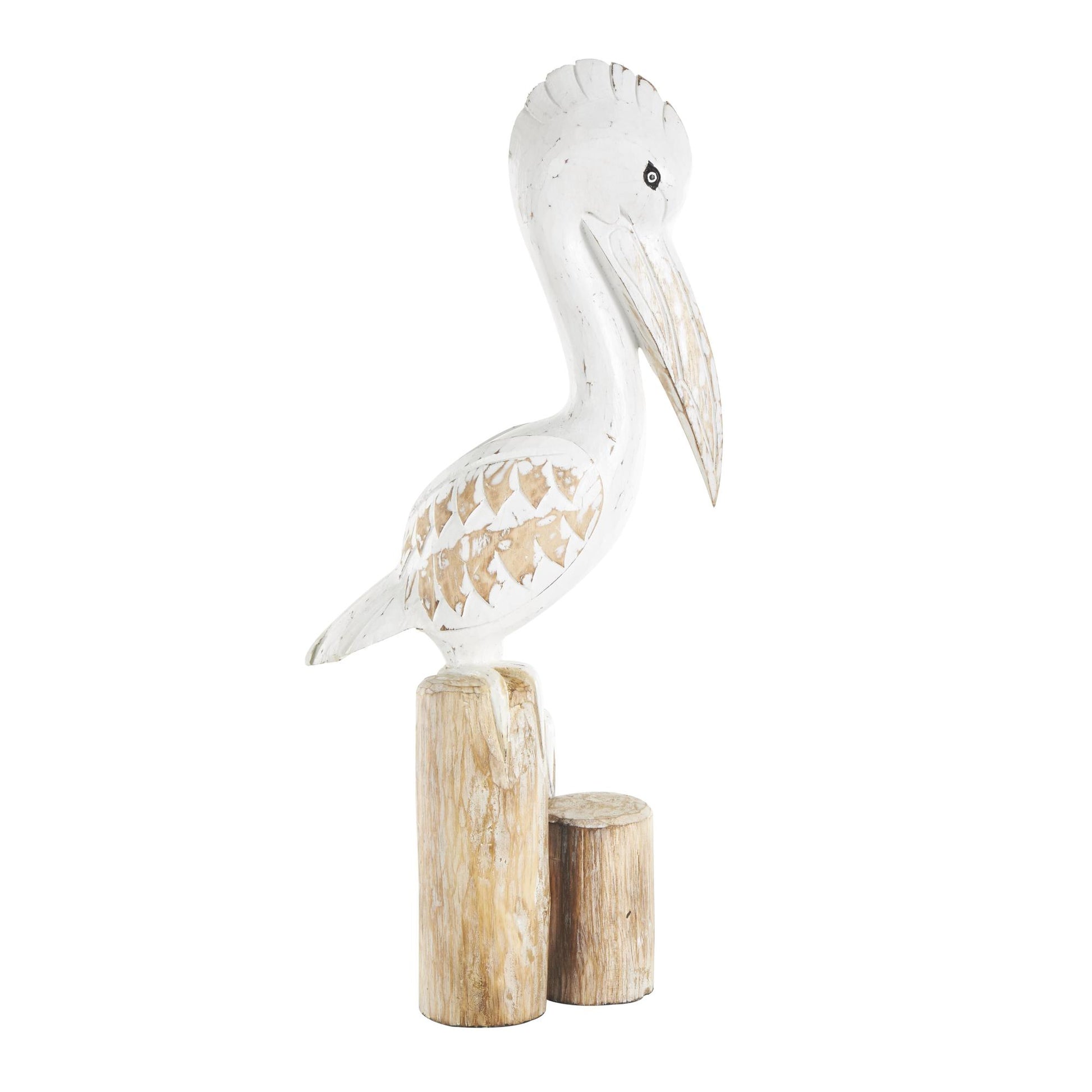 Pelican White Wood Handmade Distressed Decorative Sculpture with 3 Brown Posts