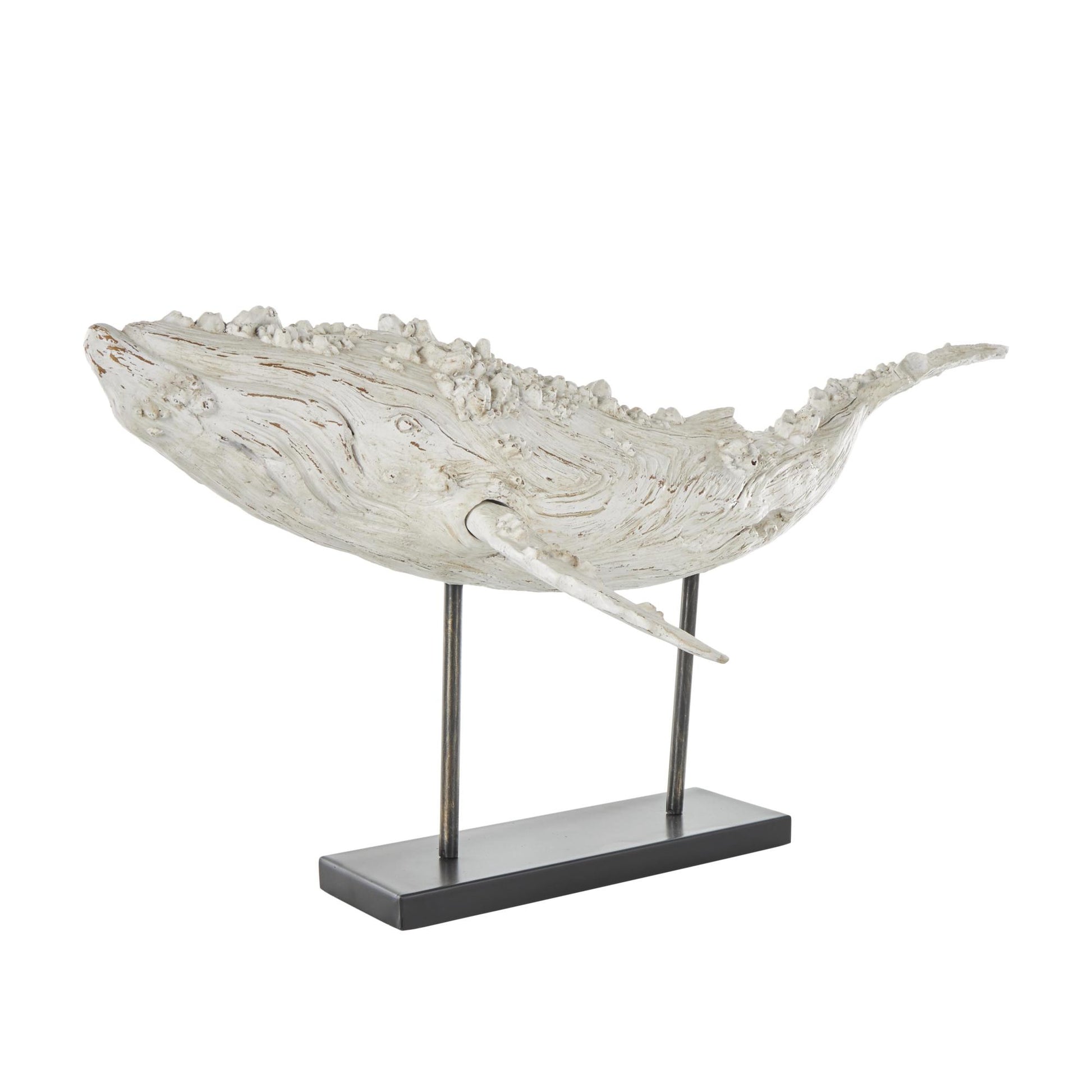 Whale Cream Polystone Textured Decorative Sculpture with Brown Distressing and Black Metal Stand