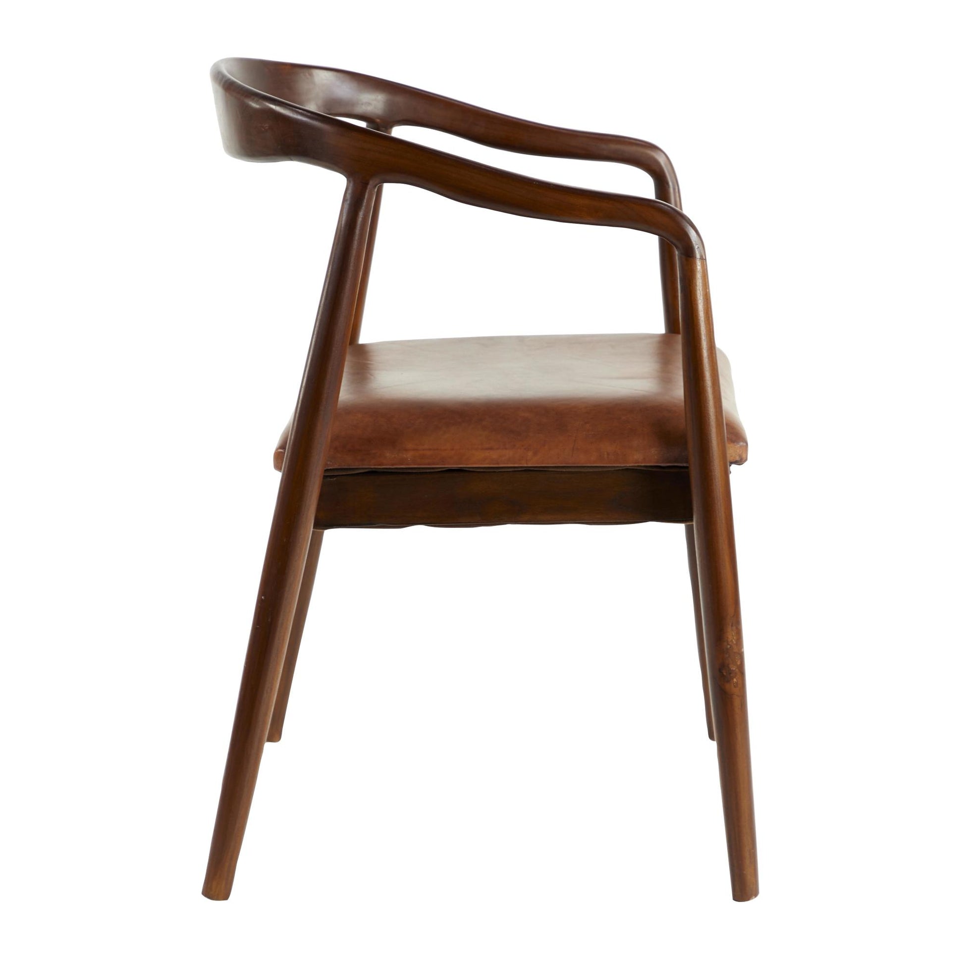 Brown Teak Wood Handmade Kitchen Dining Chair with Leather Cushion