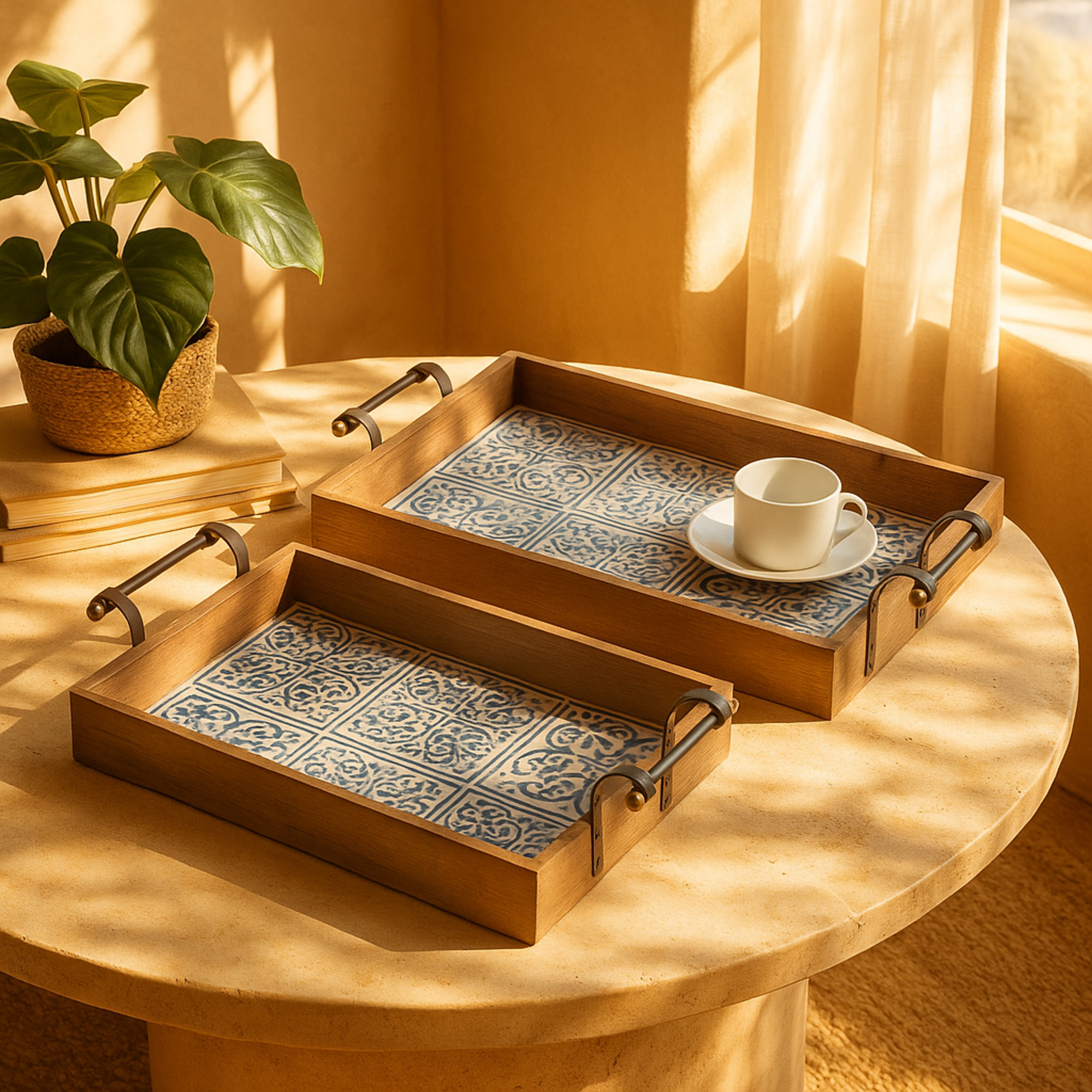 Set of 2 Floral Brown Wood Living Room Decor Tray with Tile Patterns