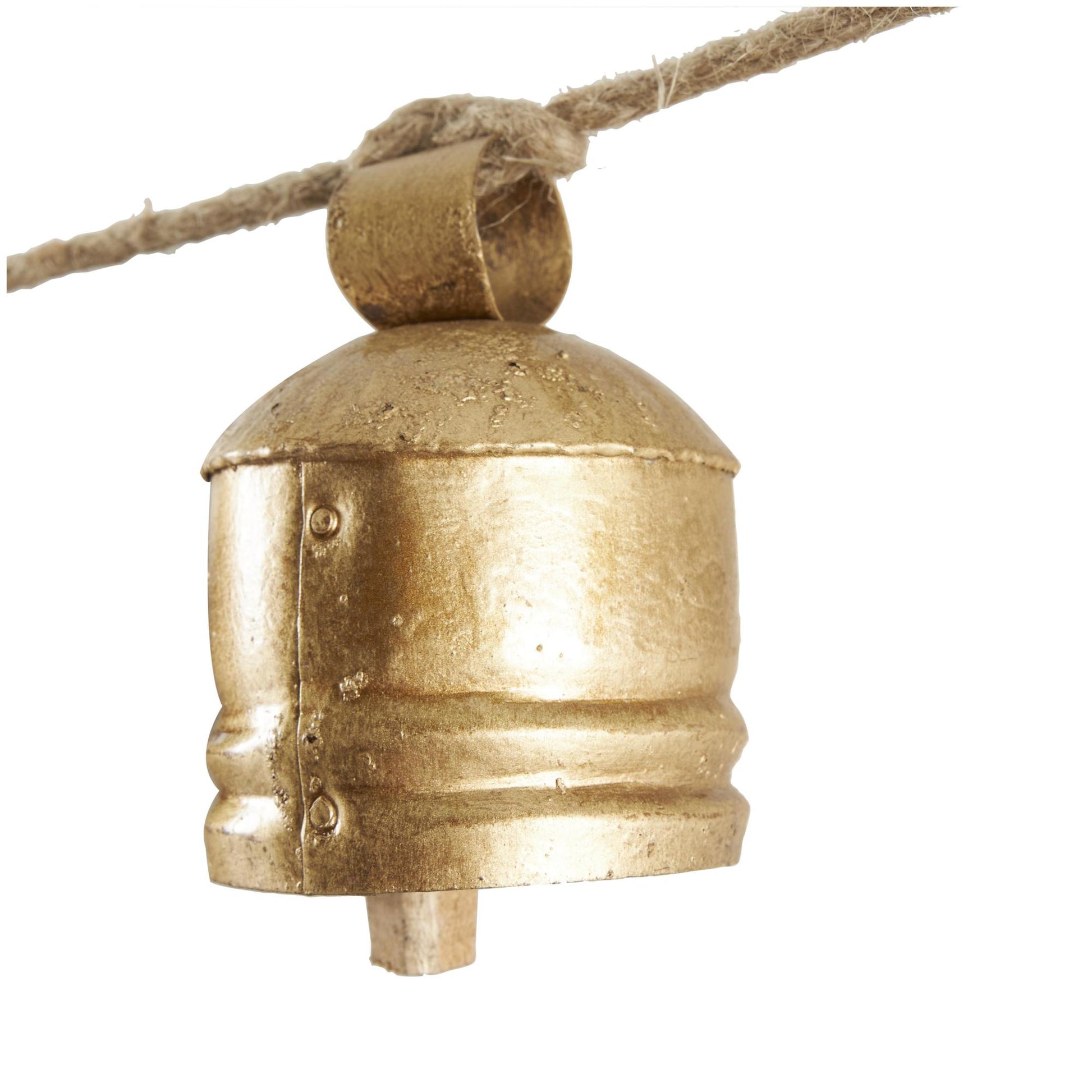Gold Metal Tibetan Inspired String Hanging Indoor Outdoor Decorative Cow Bells with 6 Bells on Jute Hanging Rope