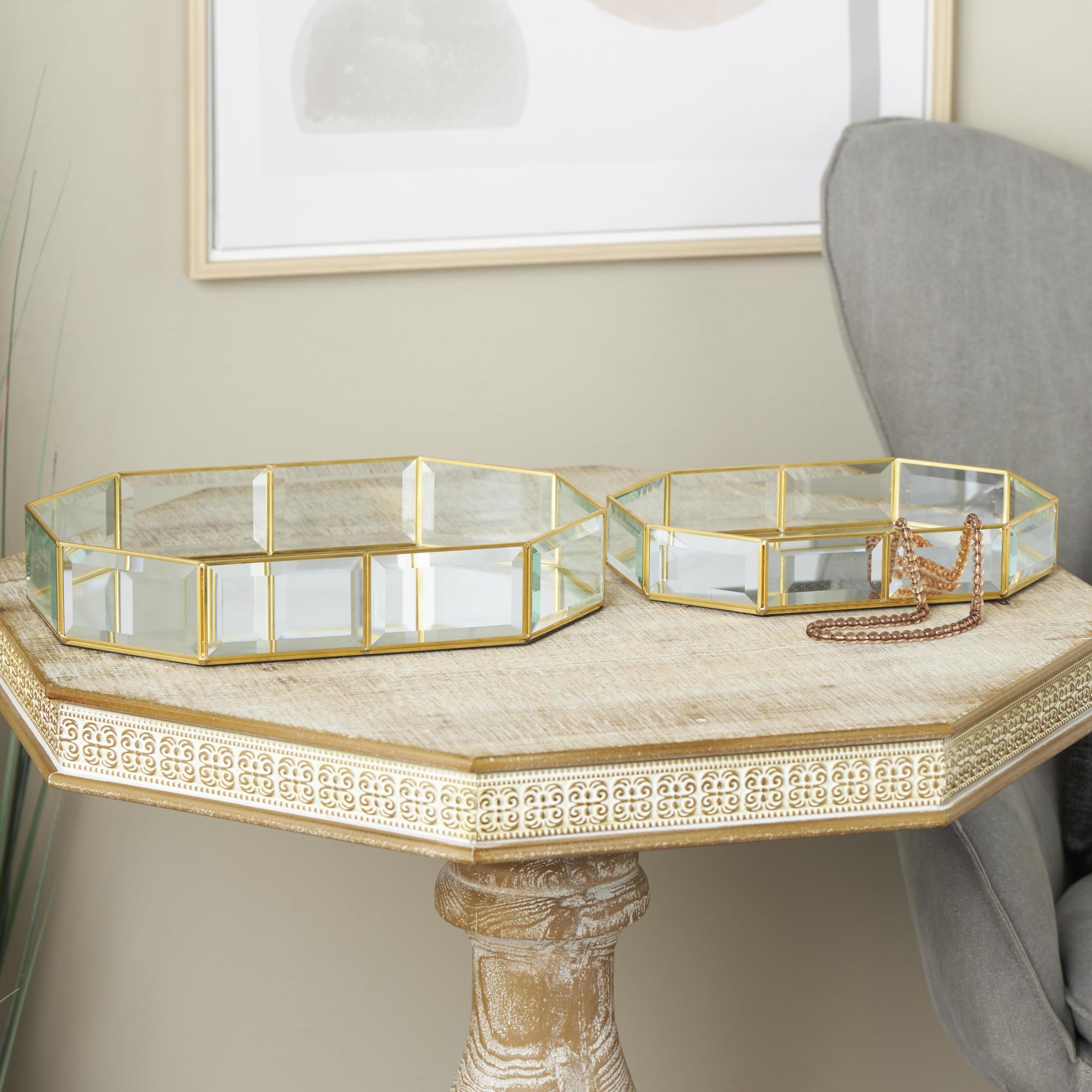 Set of 2 Clear Glass Beveled Wide Octagon Decorative Jewelry Box with Gold Metal Frame