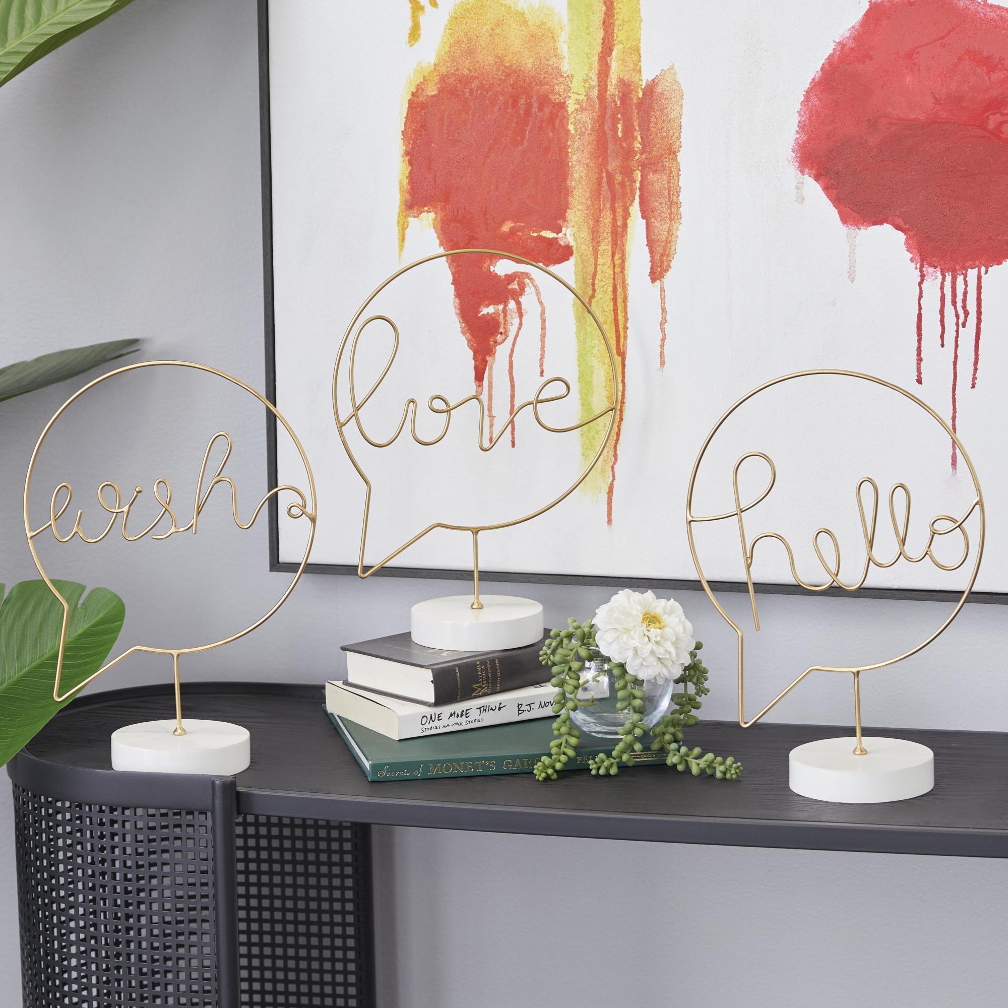 Set of 3 Sign Gold Wooden Hello, Love, Wish Home Decorative Sign with Text Bubble Design