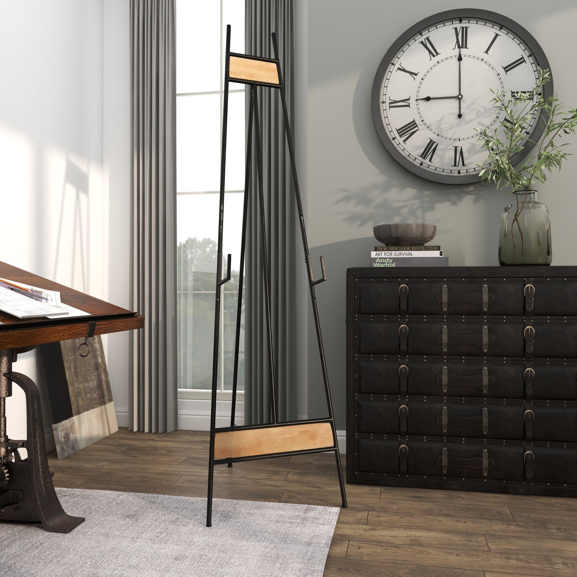 Black Metal Tall Adjustable 3 Tier Display Easel with Chain Support and Wood Accents