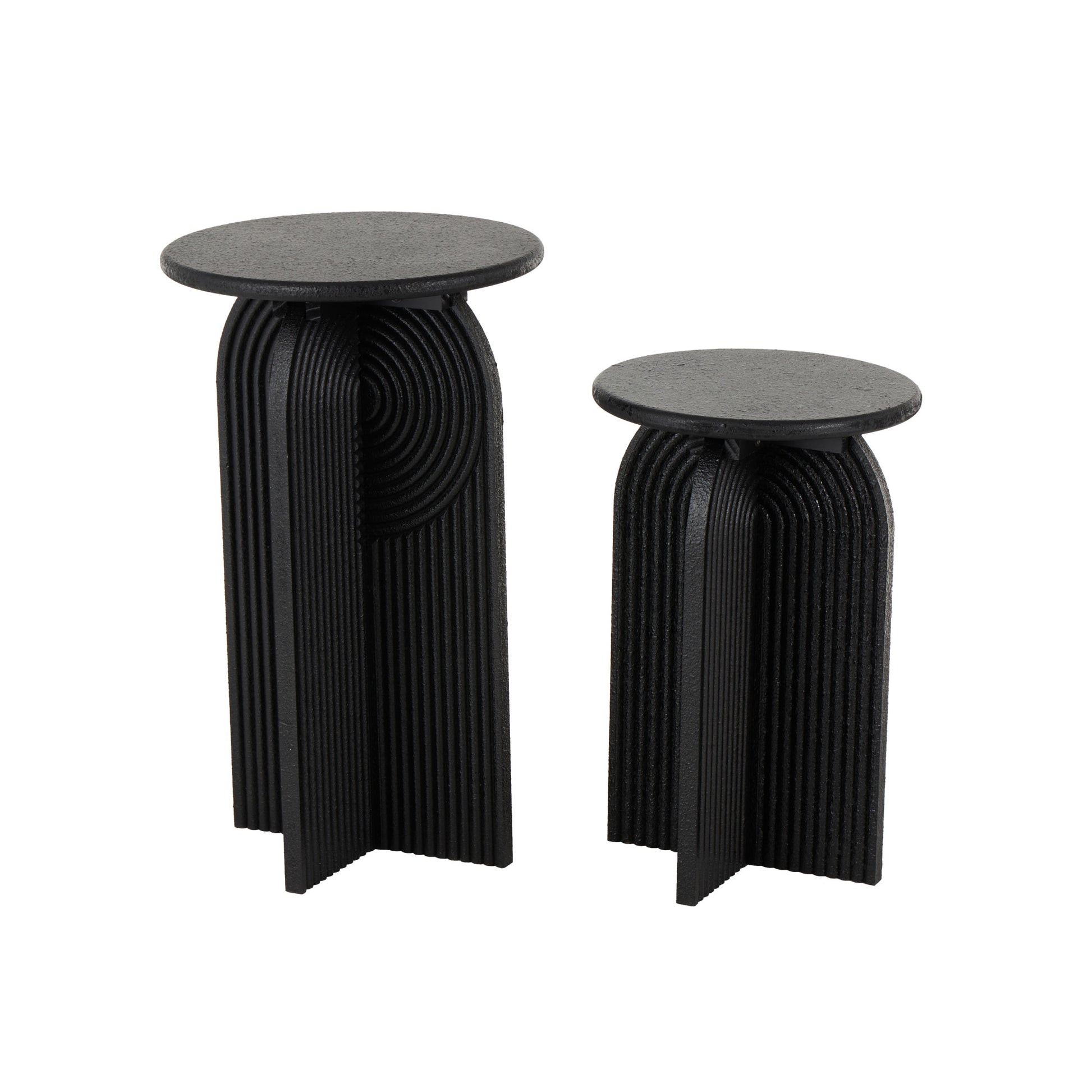 Set of 2 Geometric Black Wood Sandstone Carved Art Deco Arched Pedestal Side End Accent Table