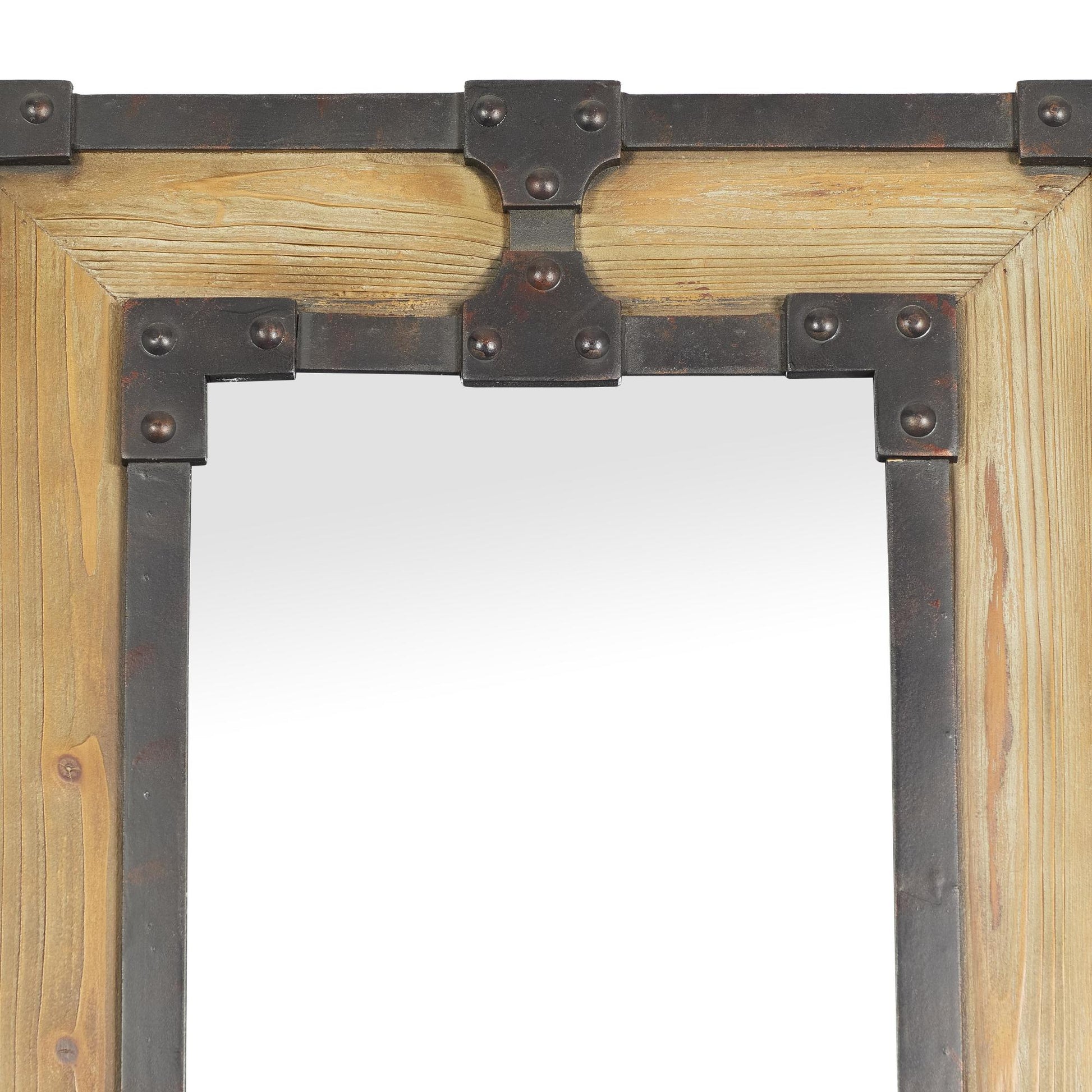 Brown Wood Room Floor Mirror with Black Studded Frame and Foldable Stand