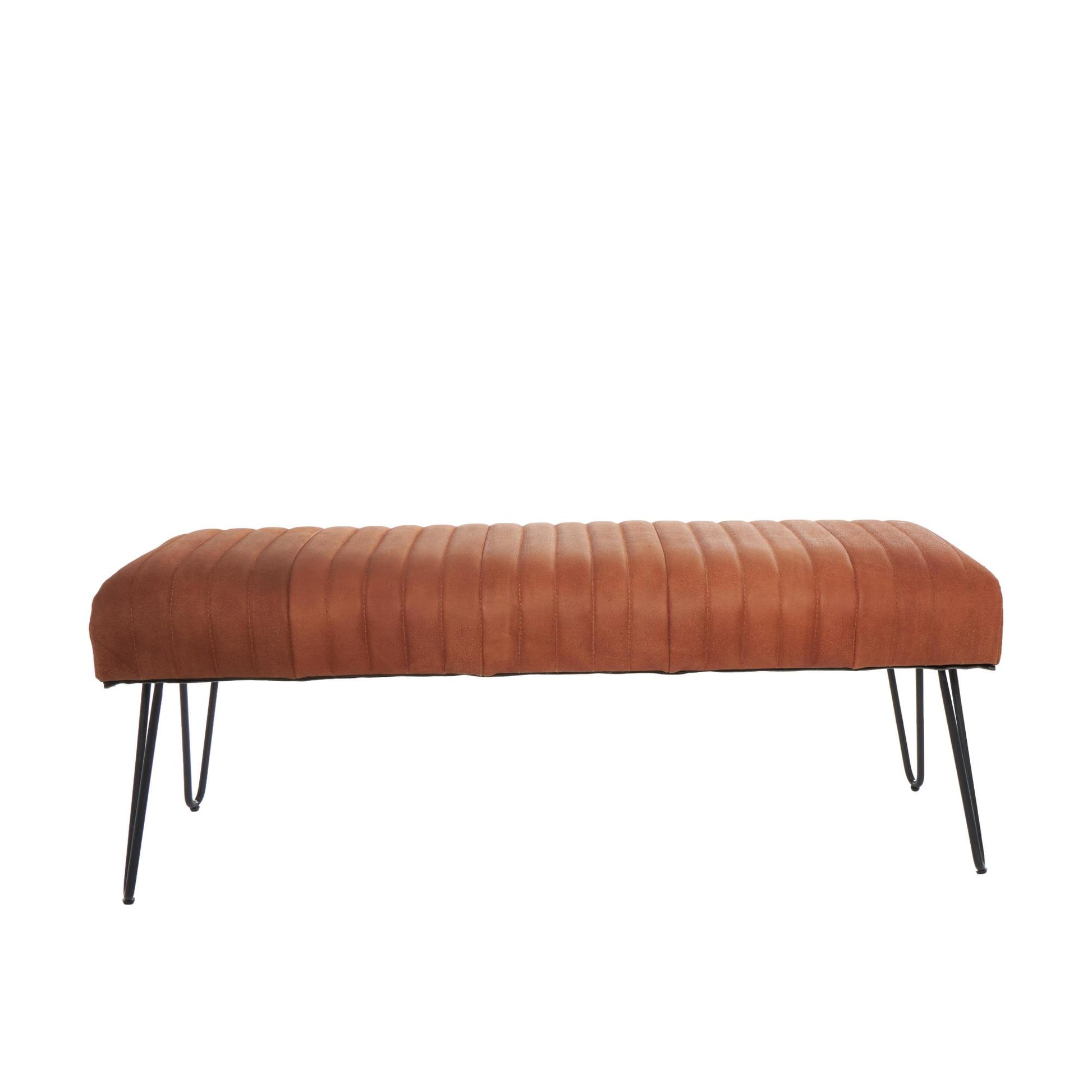 Leather Upholstered Home Bench with Linear Tufted Panels and Black Metal Hairpin Legs