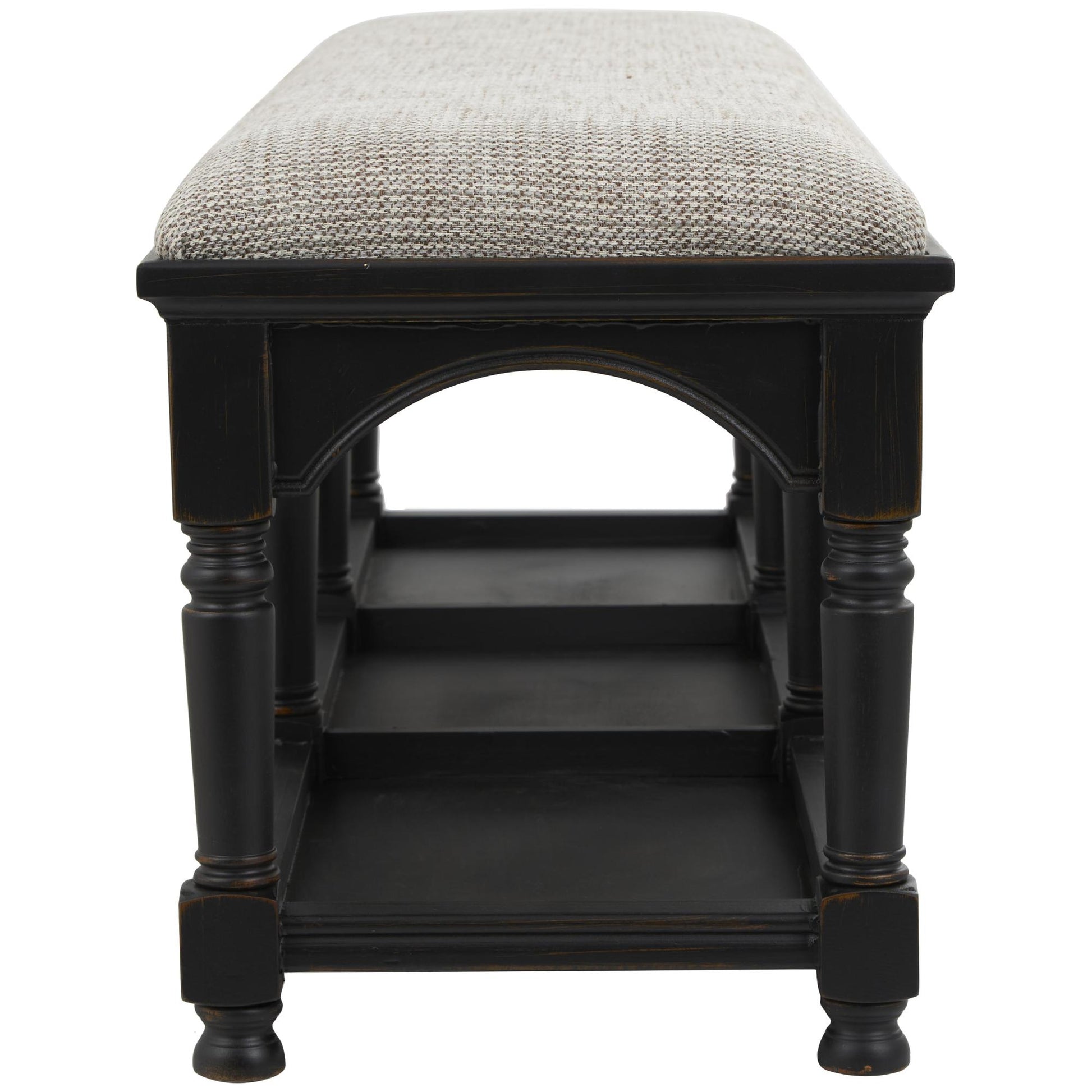 Black Wooden Arched Storage Home Bench with Traditional Turned Legs and Beige Cushion