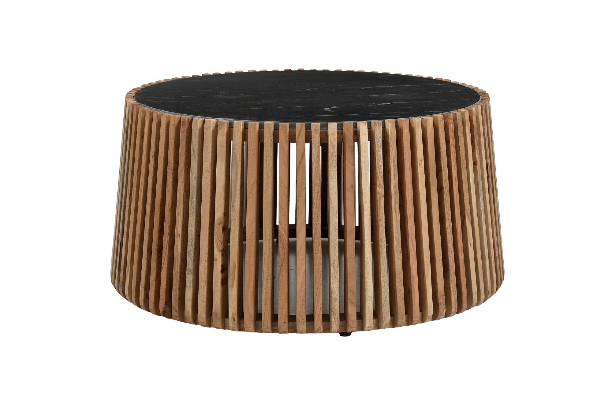 Brown Wood Slatted Open Framed Drum Living Room Coffee Table with Black Marble Tabletop