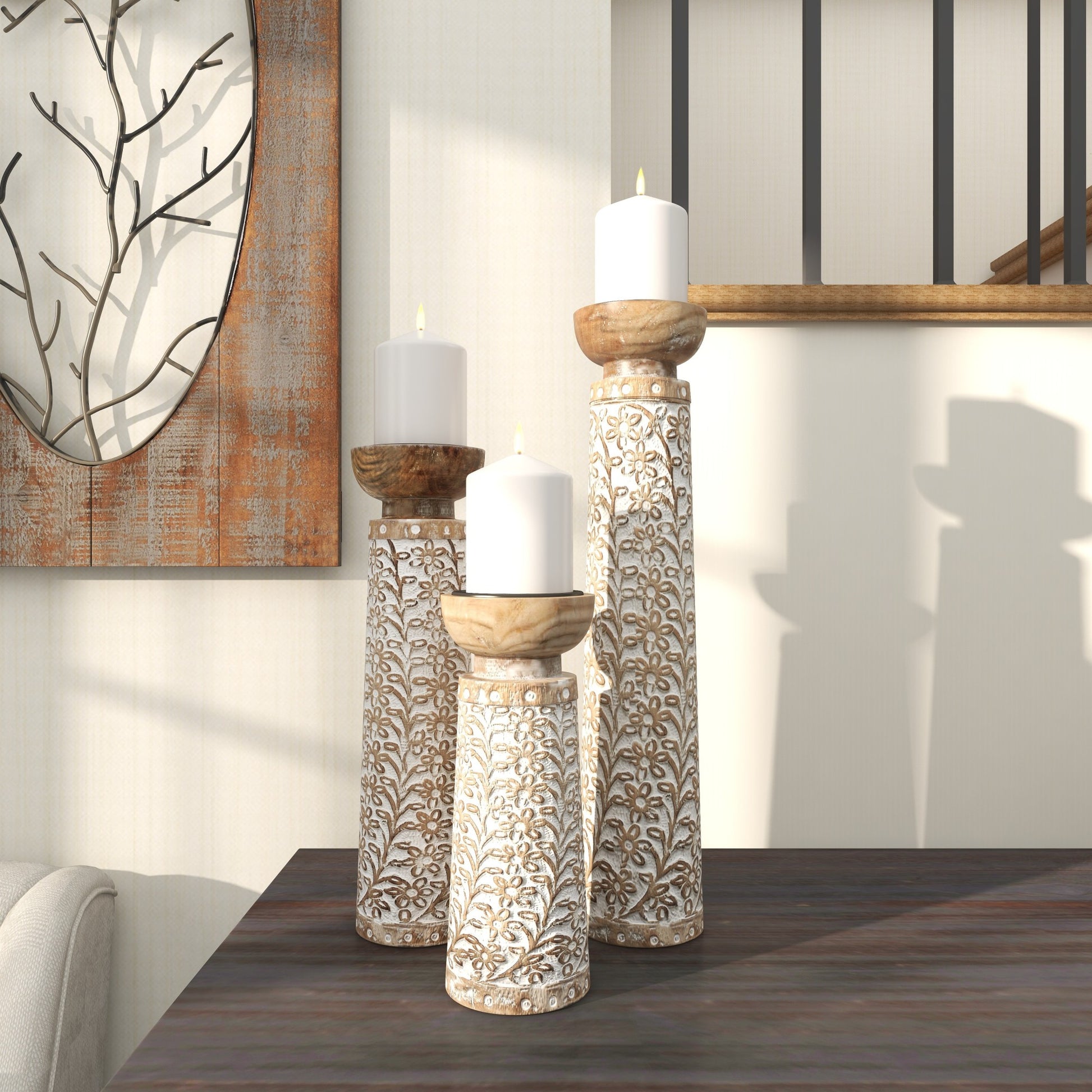 Set of 3 Floral Mango Wood Handmade Vine Decorative Candle Holder with Whitewashed Cream Backing