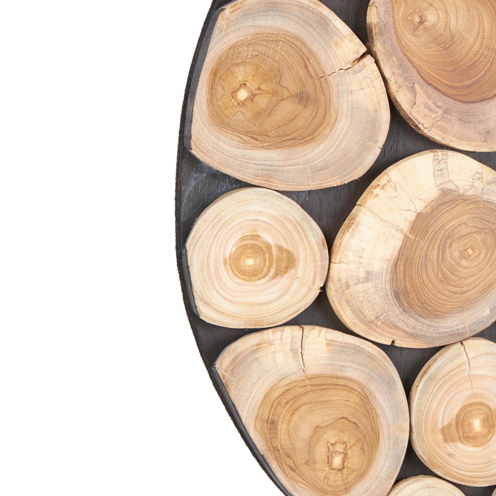 Abstract Brown Teak Wood Handmade Round Mosaic Inspired Wood Slab Home Wall Decor with Black Backing