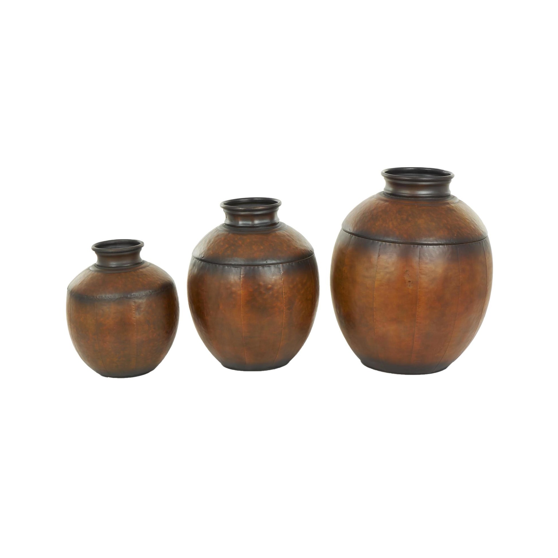 Set of 3 Brown Metal Antique Style Round Pot Floor Decorative Vase