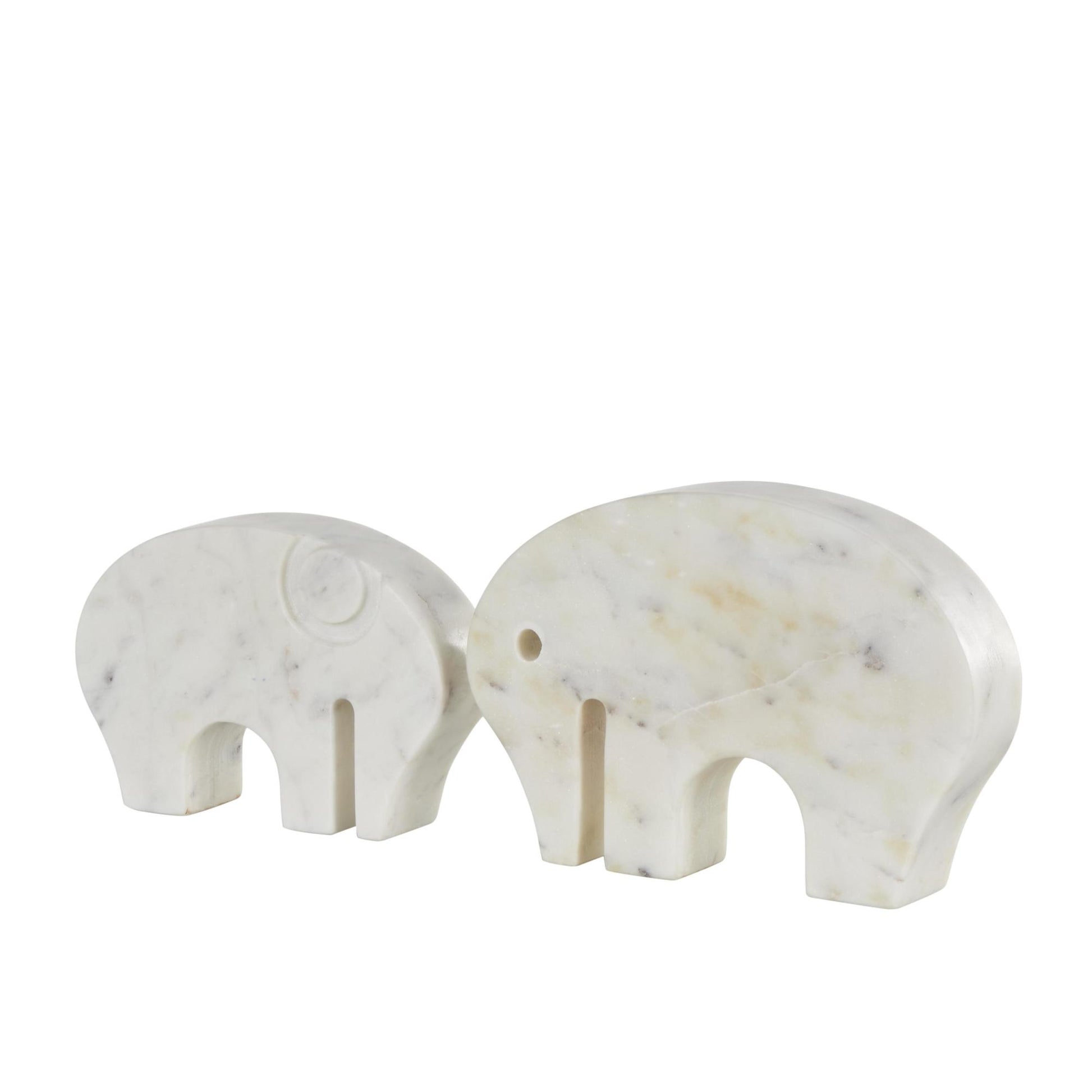 Set of 2 Elephant White Marble Rounded Abstract Decorative Sculpture with Gray Marble Veins and Cutouts